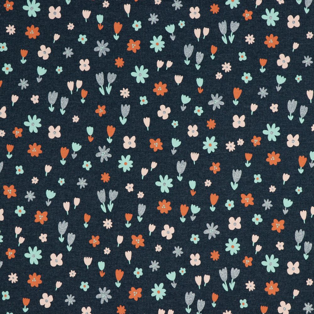 Small Flowers with Glitter Indigo Melange Cotton Jersey