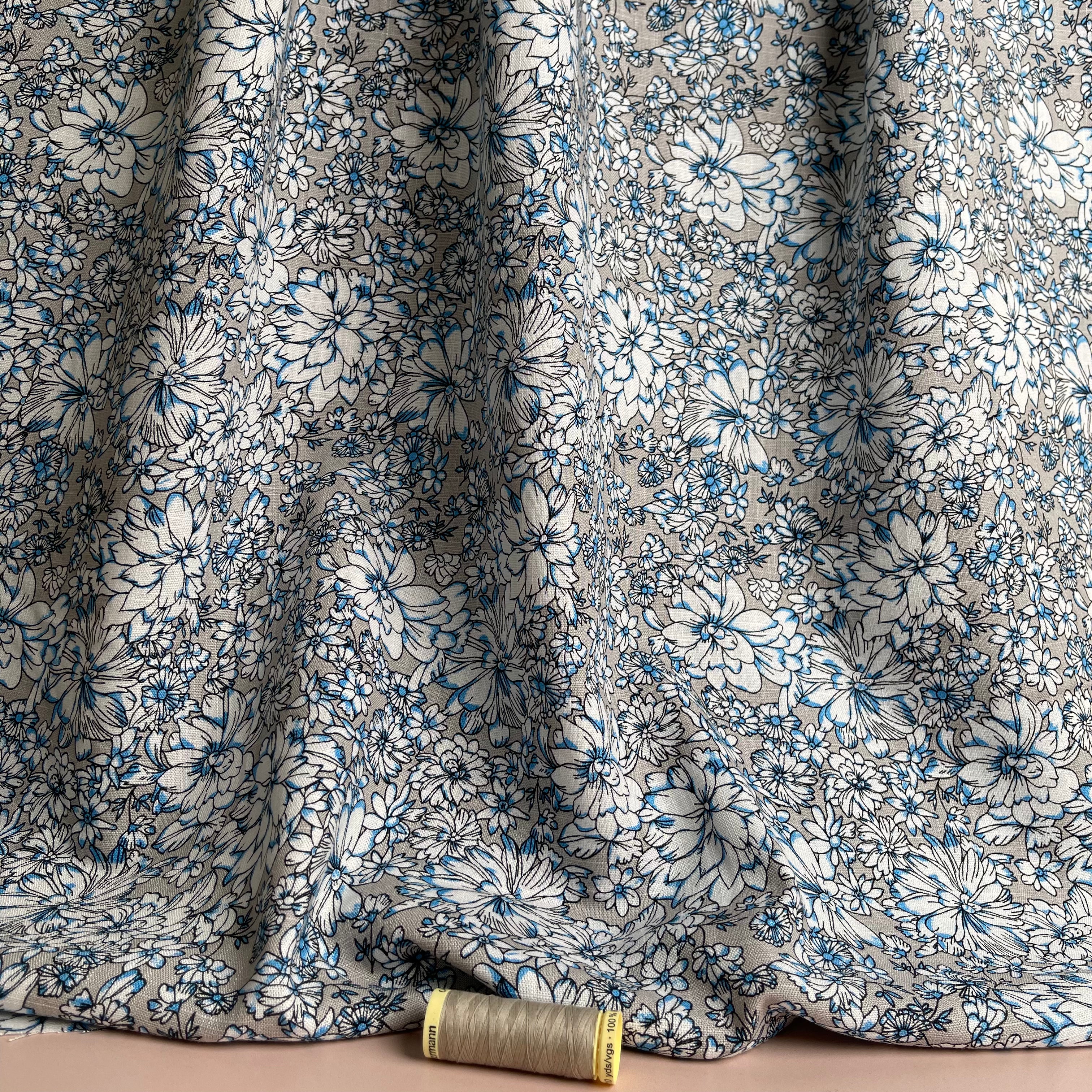 REMNANT 1.74 Metres - Dahlias on Grey Linen Viscose Blend Fabric
