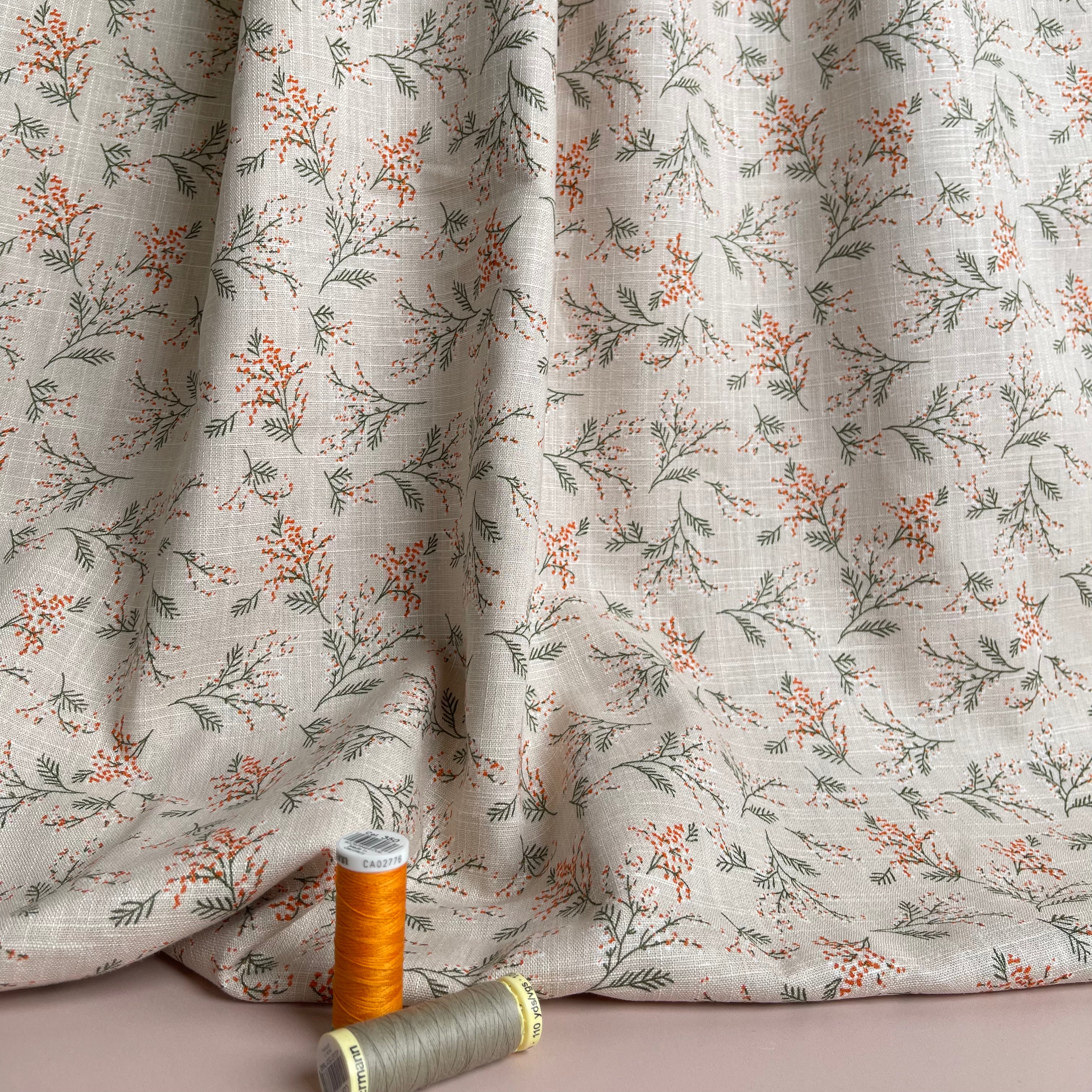 REMNANT 0.47 Metre - Wild Plant on Blush Linen Viscose Blend Fabric