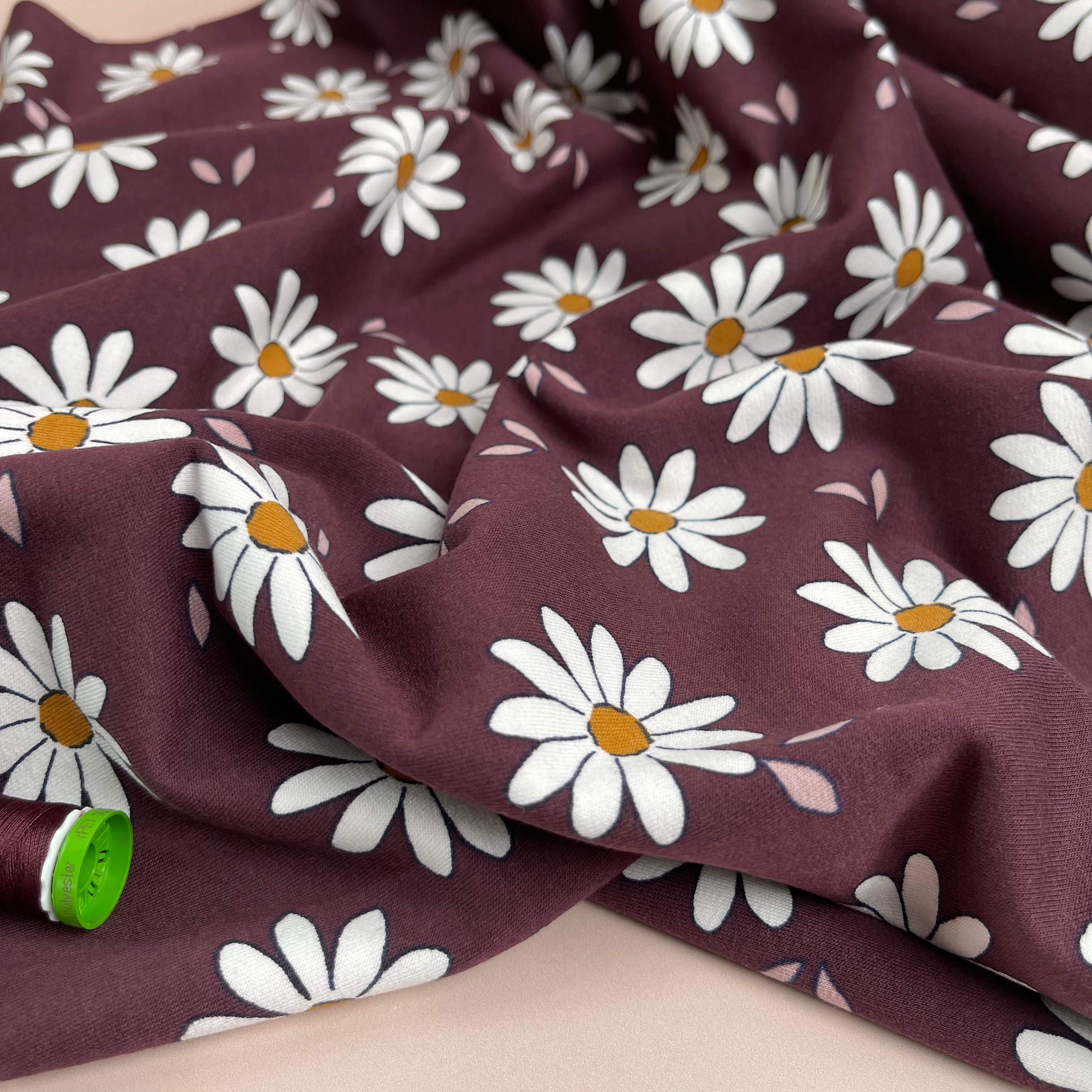 Daisies on Plum Cotton French Terry Fabric