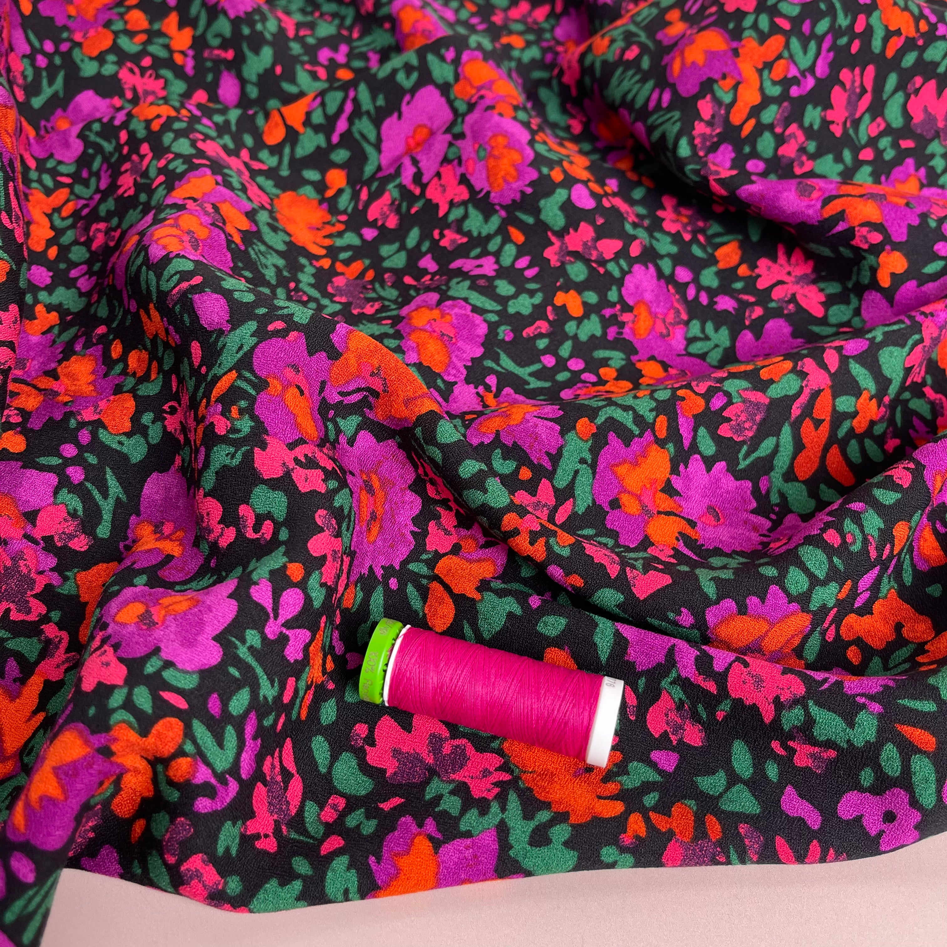 Watercolour Magenta Blooms Soft Viscose Crepe Fabric