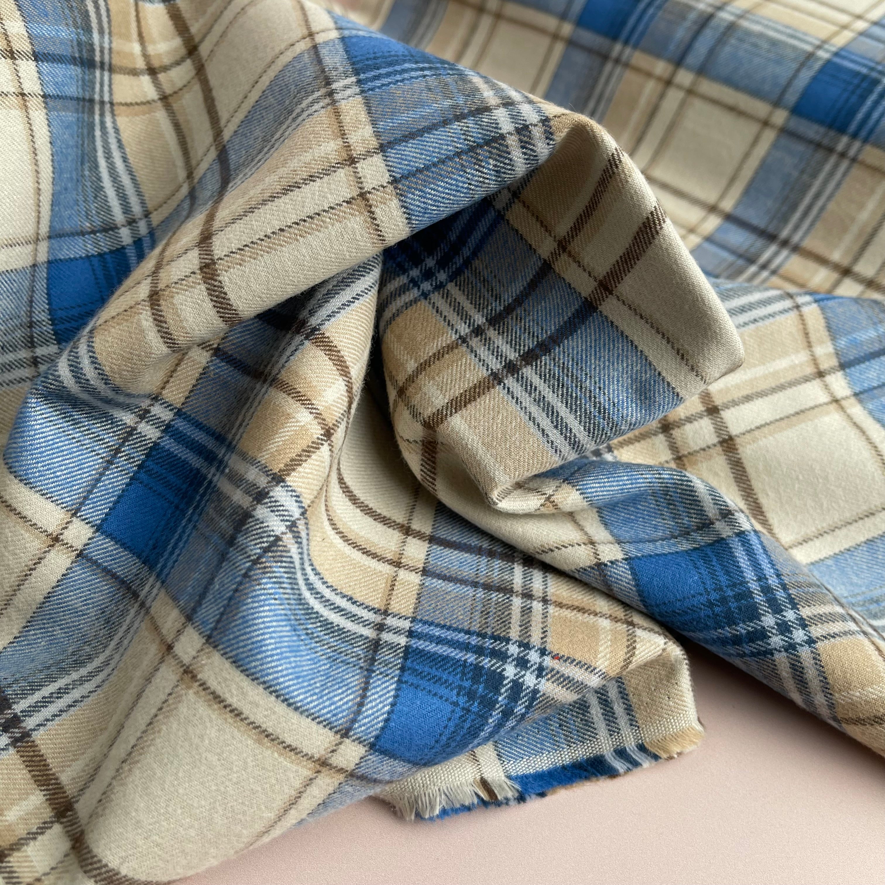 Highland Cream & Blue Yarn Dyed Cotton Flannel