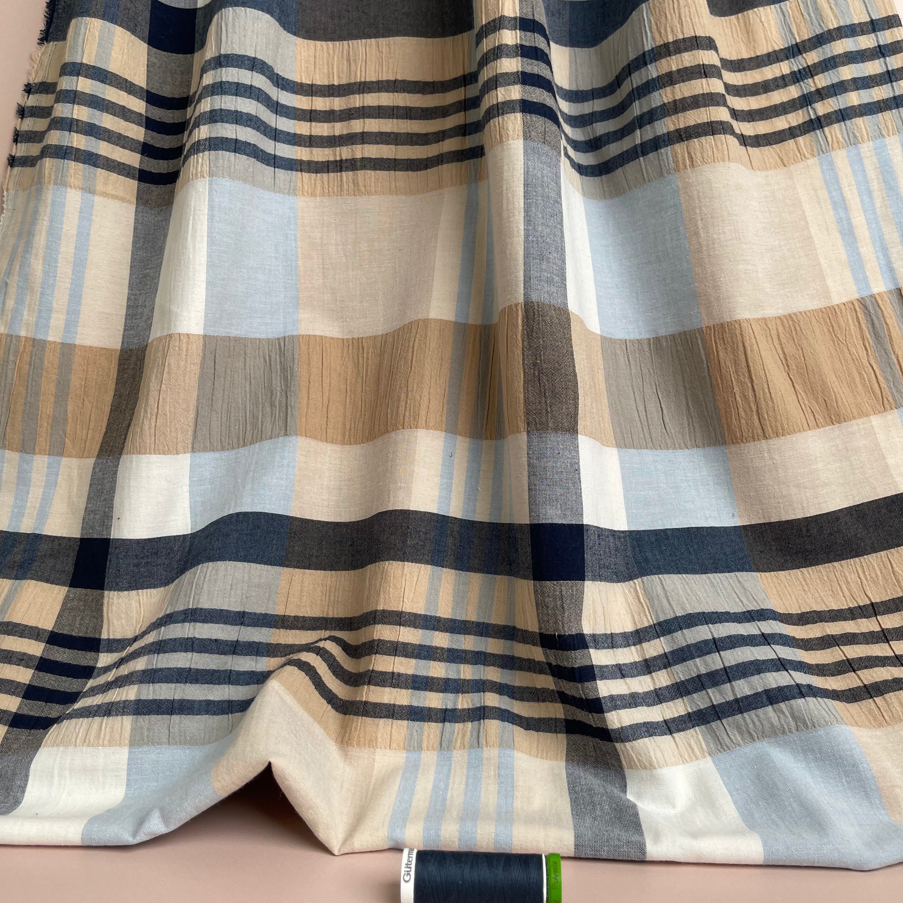 REMNANT 0.78 Metre - Yarn Dyed Checks in Blue and Beige Stretch Cotton Fabric