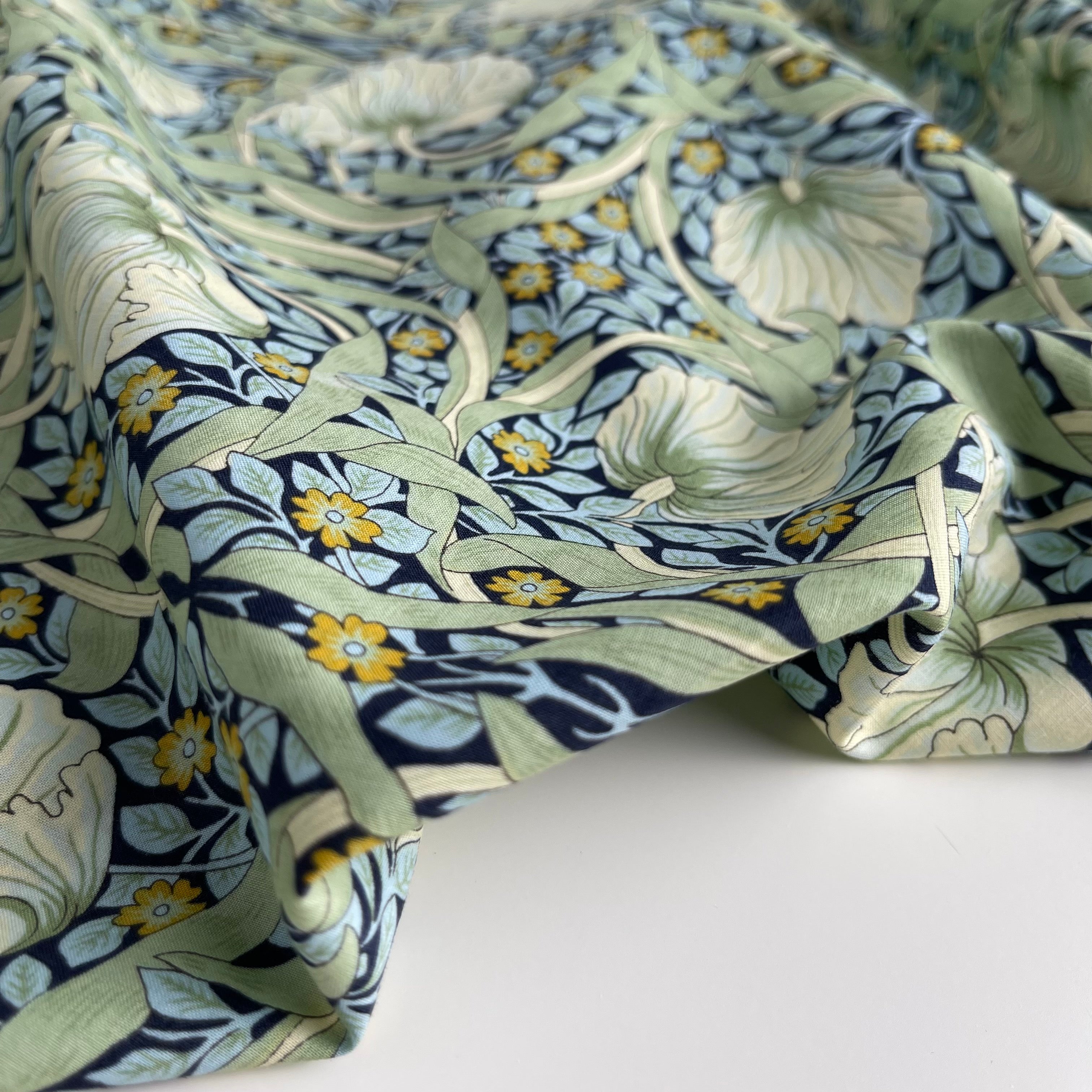 Morris Large Green on Navy Cotton Lawn Fabric