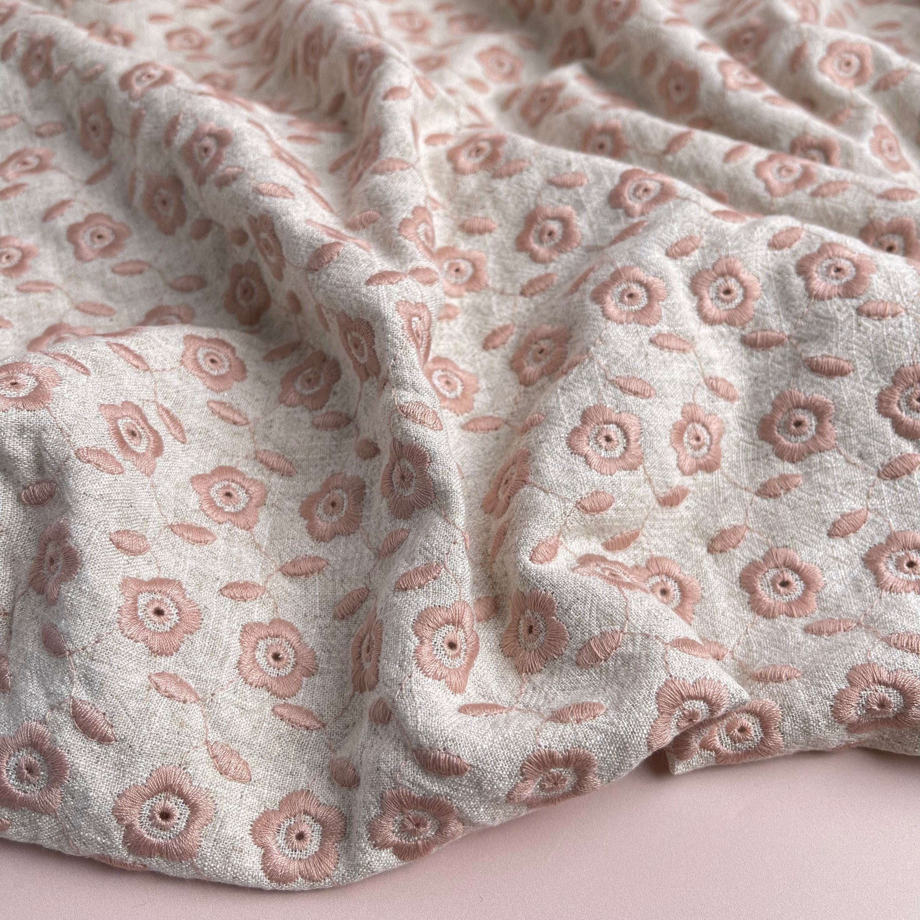 Daisy Chain Embroidered Linen Viscose Blend Fabric Pale Pink