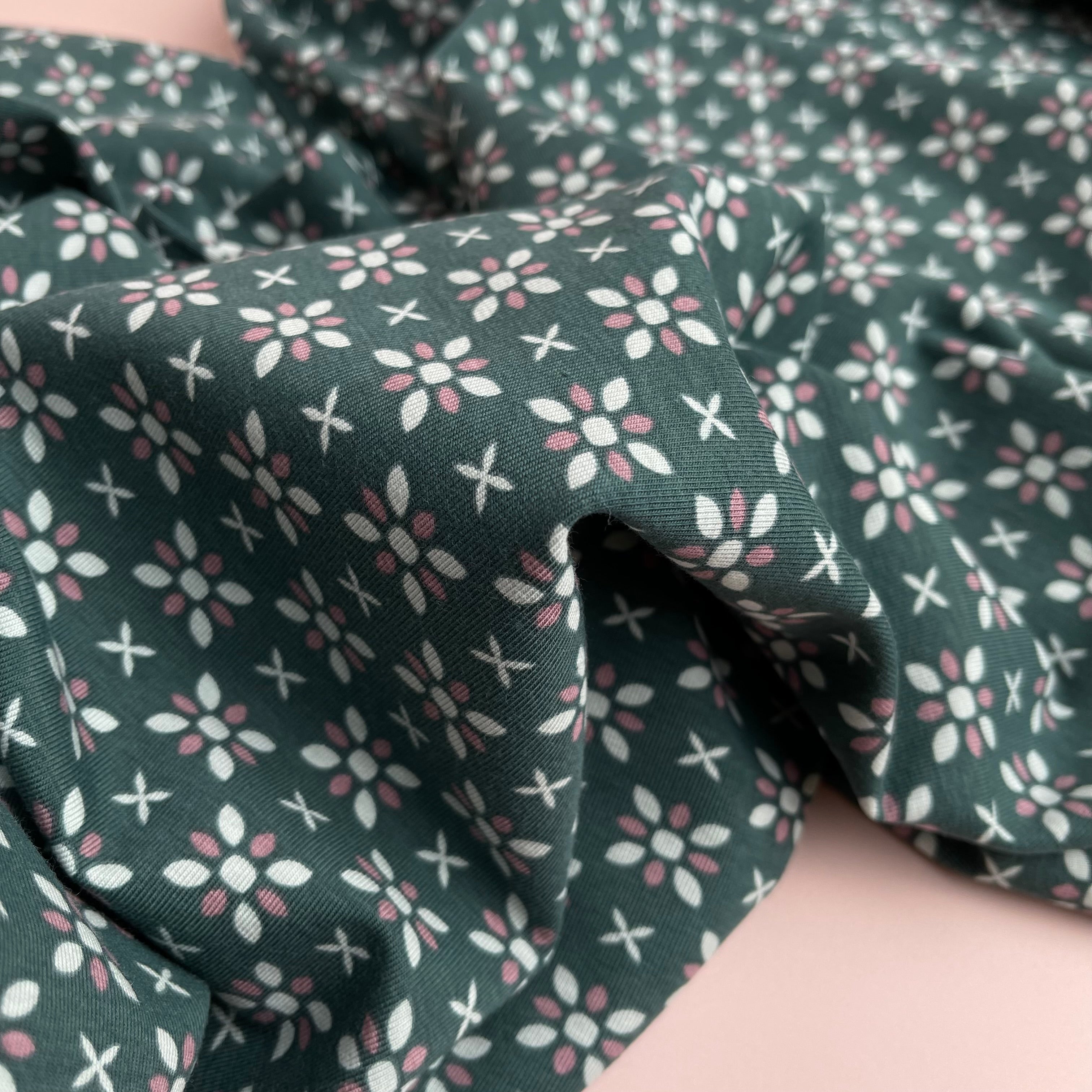 REMNANT 0.50 metre - Graphic Flowers Teal Cotton Jersey