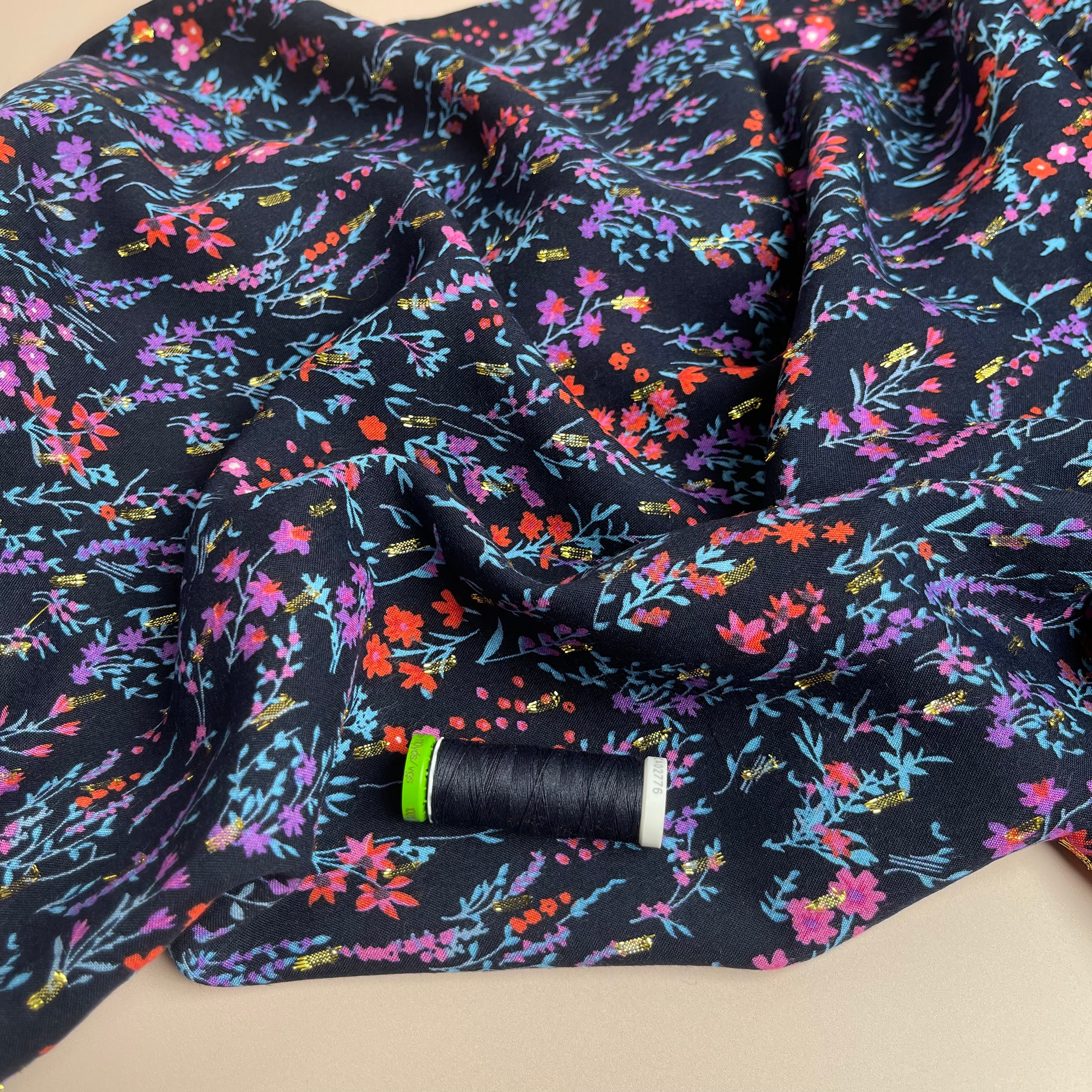 REMNANT 0.53 Metre - Meadow Dark Navy with Lurex Viscose Fabric