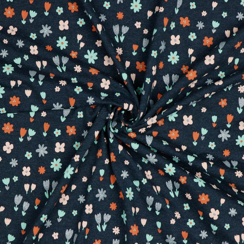 Small Flowers with Glitter Indigo Melange Cotton Jersey