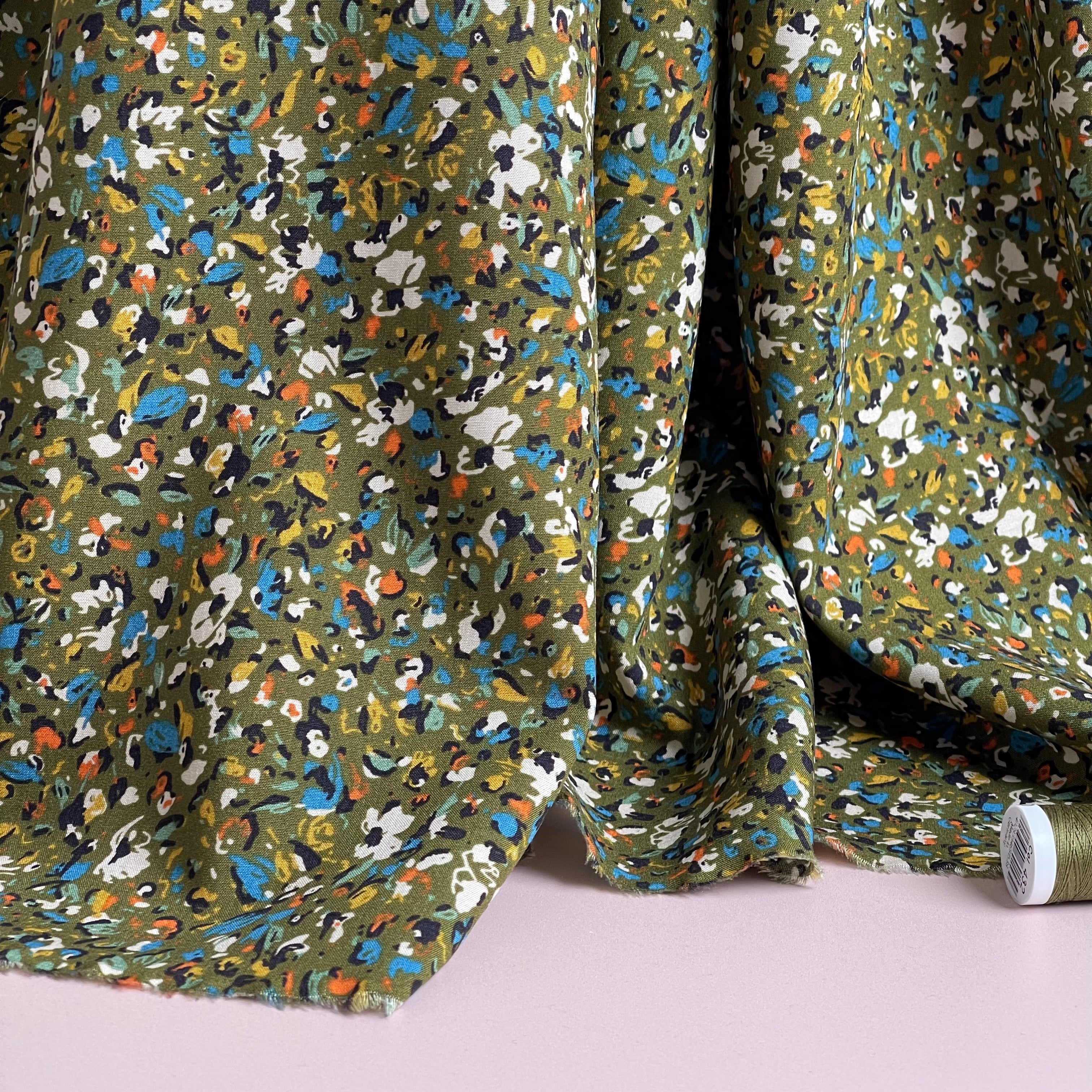 Abstract Field Khaki Viscose Fabric