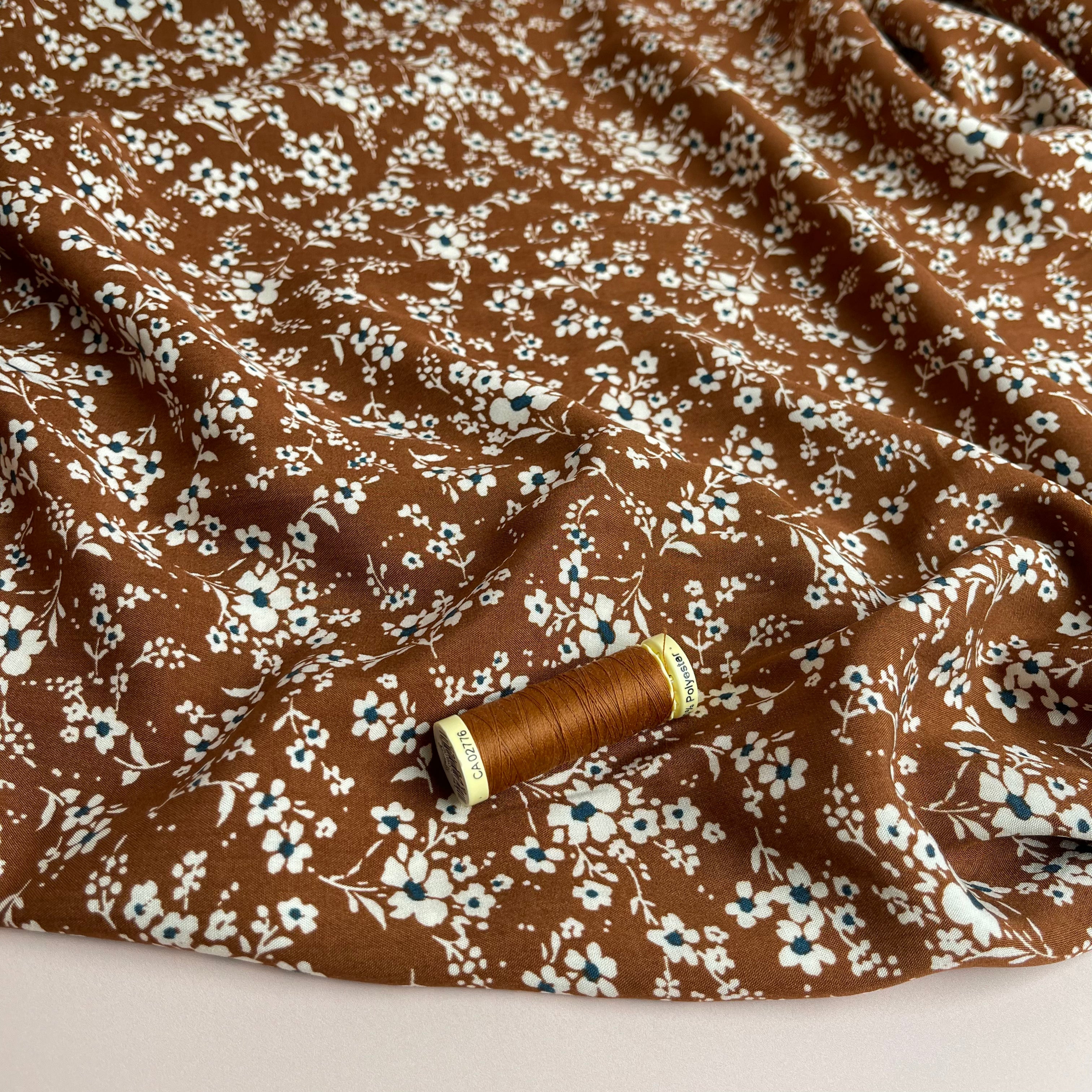 Ditsy Meadow on Caramel Viscose Fabric