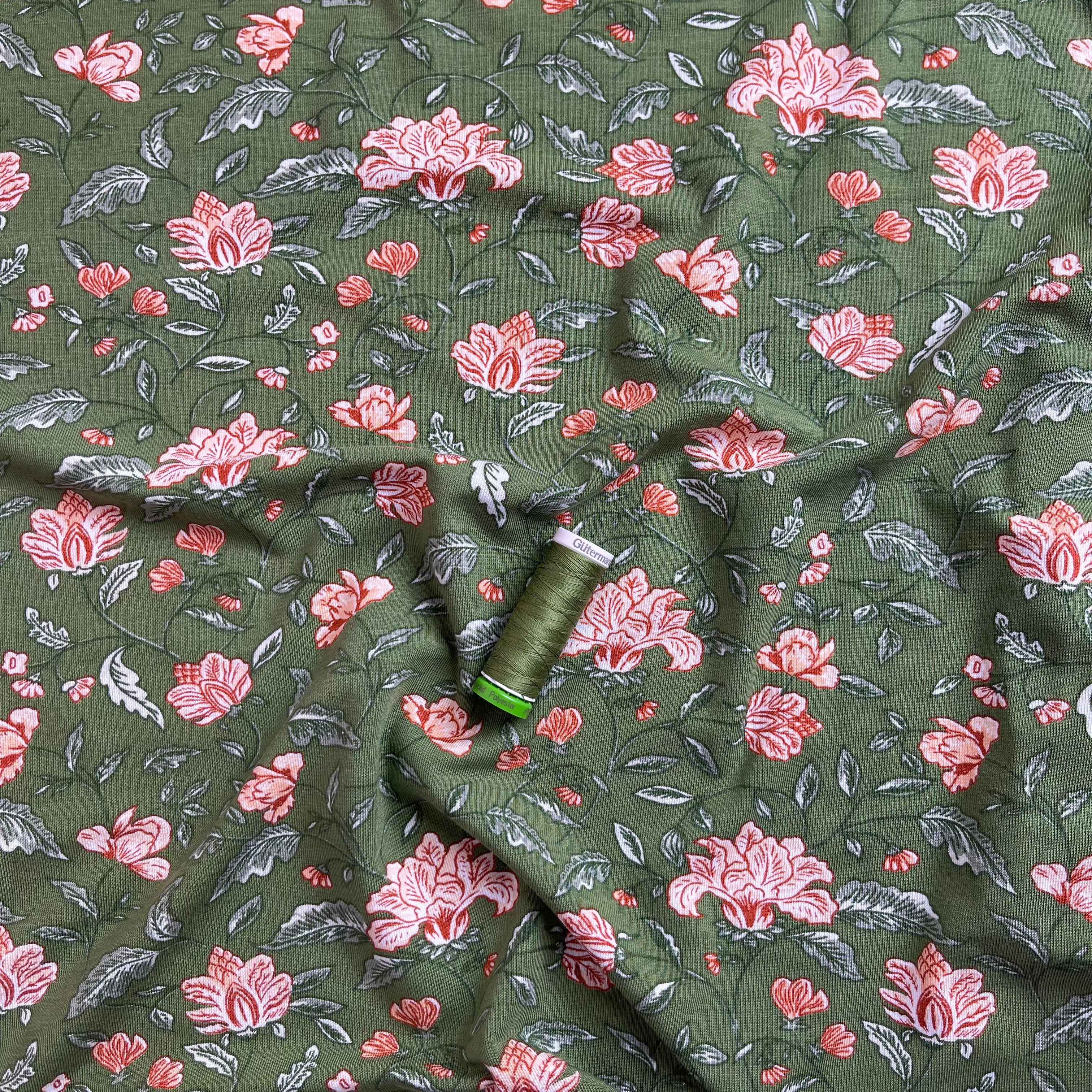 REMNANT 1.24 Metres - Magnolia in Moss Green Bamboo Cotton Jersey