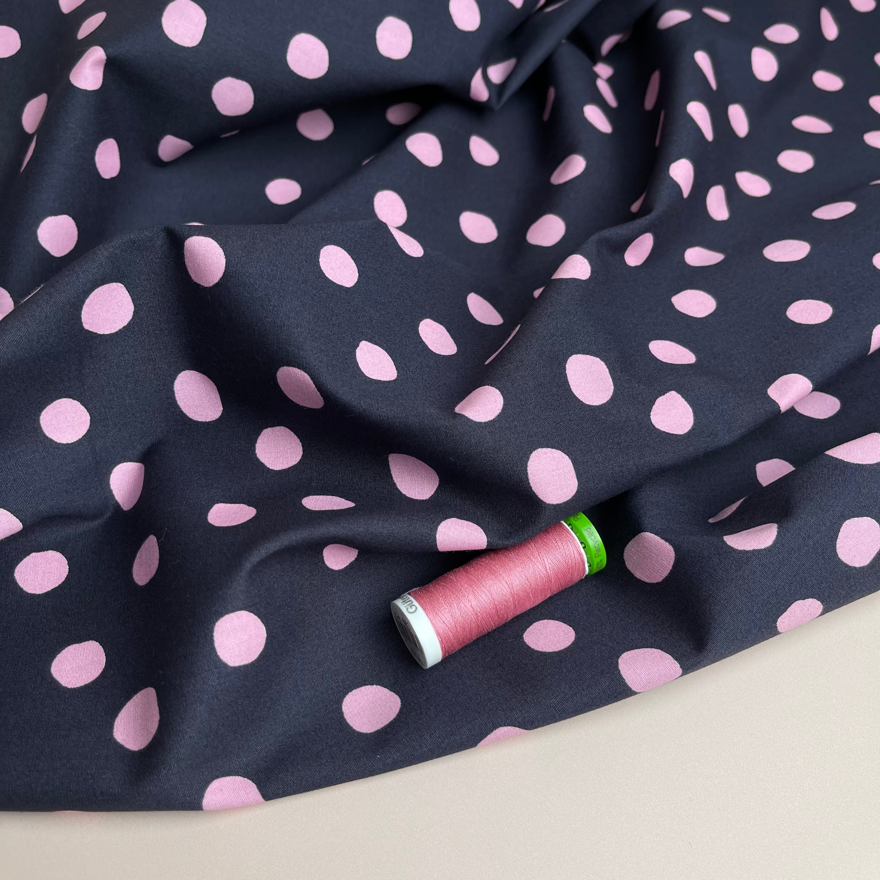 Pink Polka on Midnight Cotton Poplin Fabric