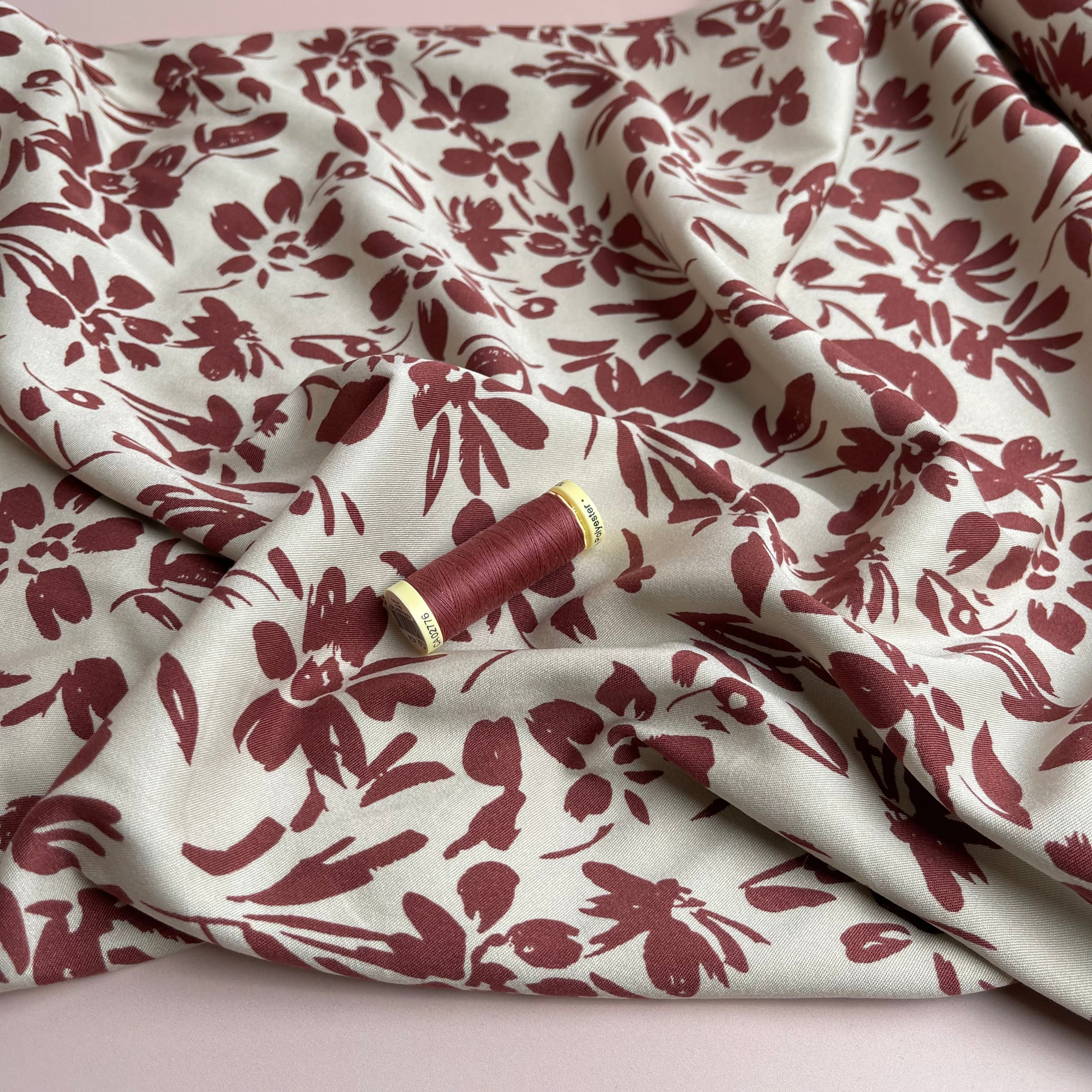 Rosella Rosewood Flowers on Beige Stretch Viscose Twill Fabric