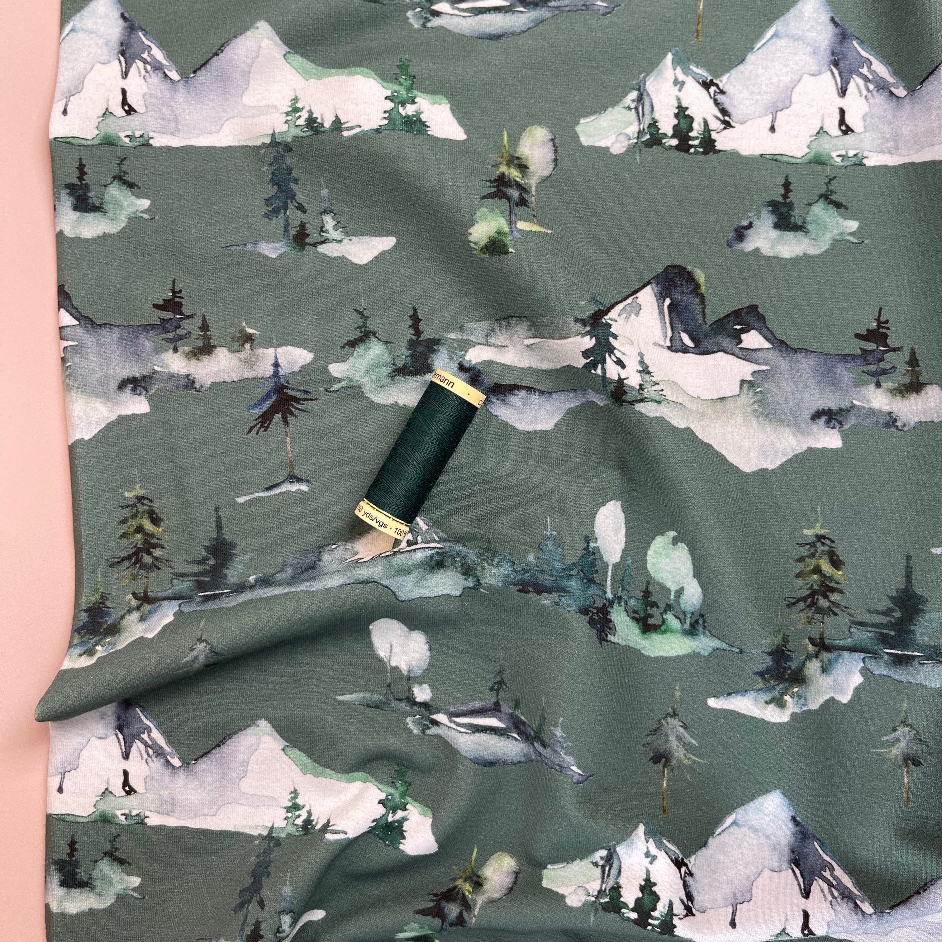 REMNANT 1.14 Metres - Mountains Old Green Cotton French Terry Fabric