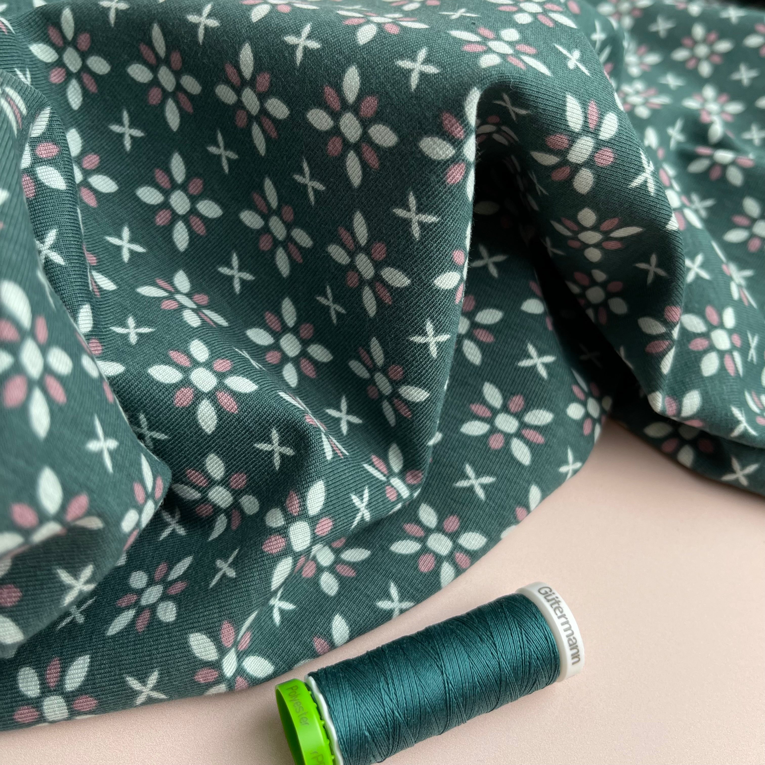 REMNANT 0.50 metre - Graphic Flowers Teal Cotton Jersey