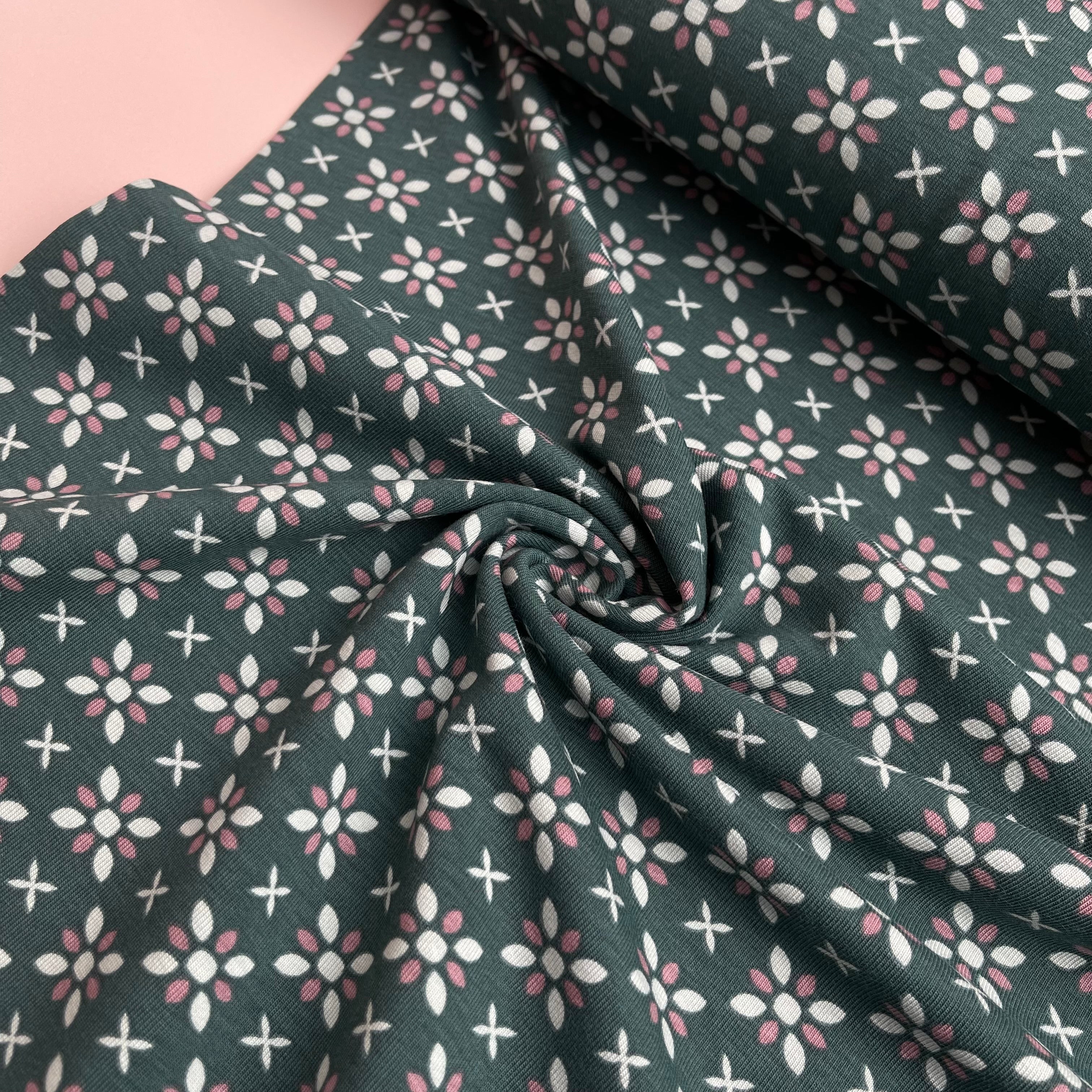REMNANT 0.50 metre - Graphic Flowers Teal Cotton Jersey