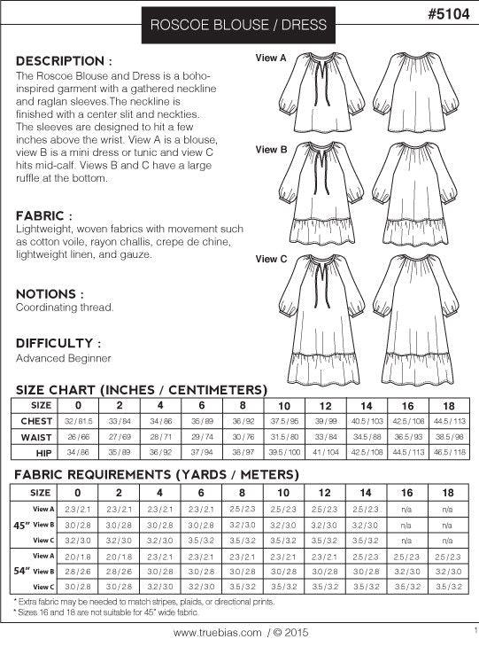 True / Bias - ROSCOE Blouse & Dress Sewing Pattern