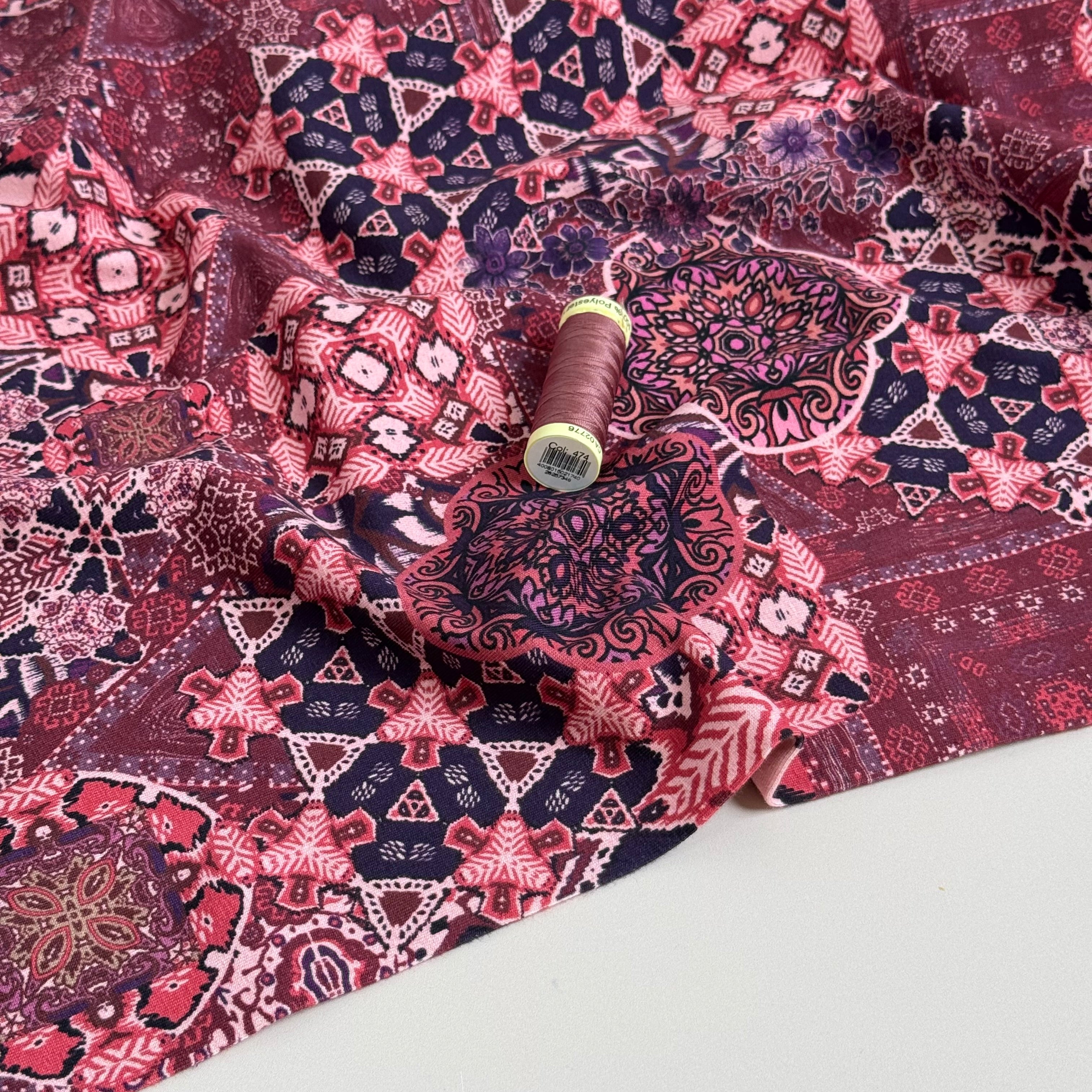 Ornamental Deco Burgundy Cotton Jersey Fabric