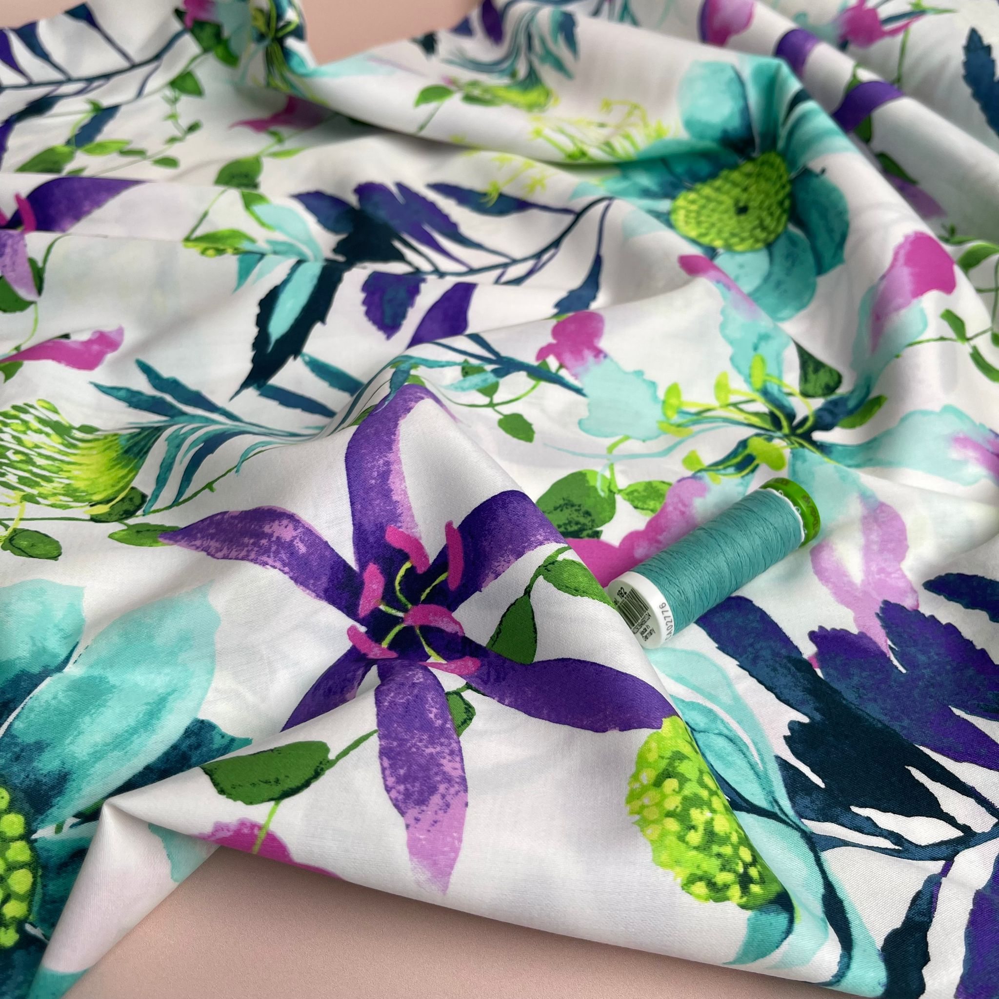 REMNANT 0.49 Metres - Ex-Designer Pastel Spring Wildflowers Cotton Sateen Fabric