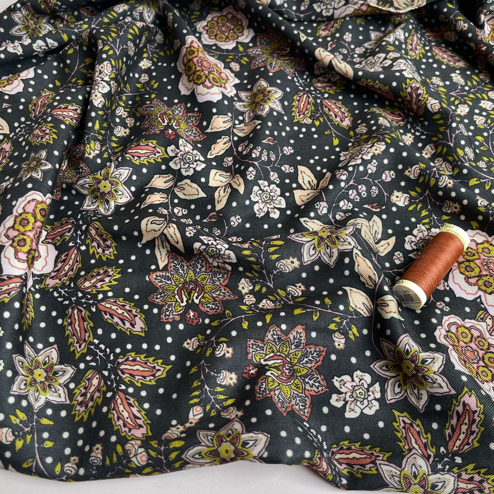 Autumn Paisley Flowers on Black Viscose Twill Fabric