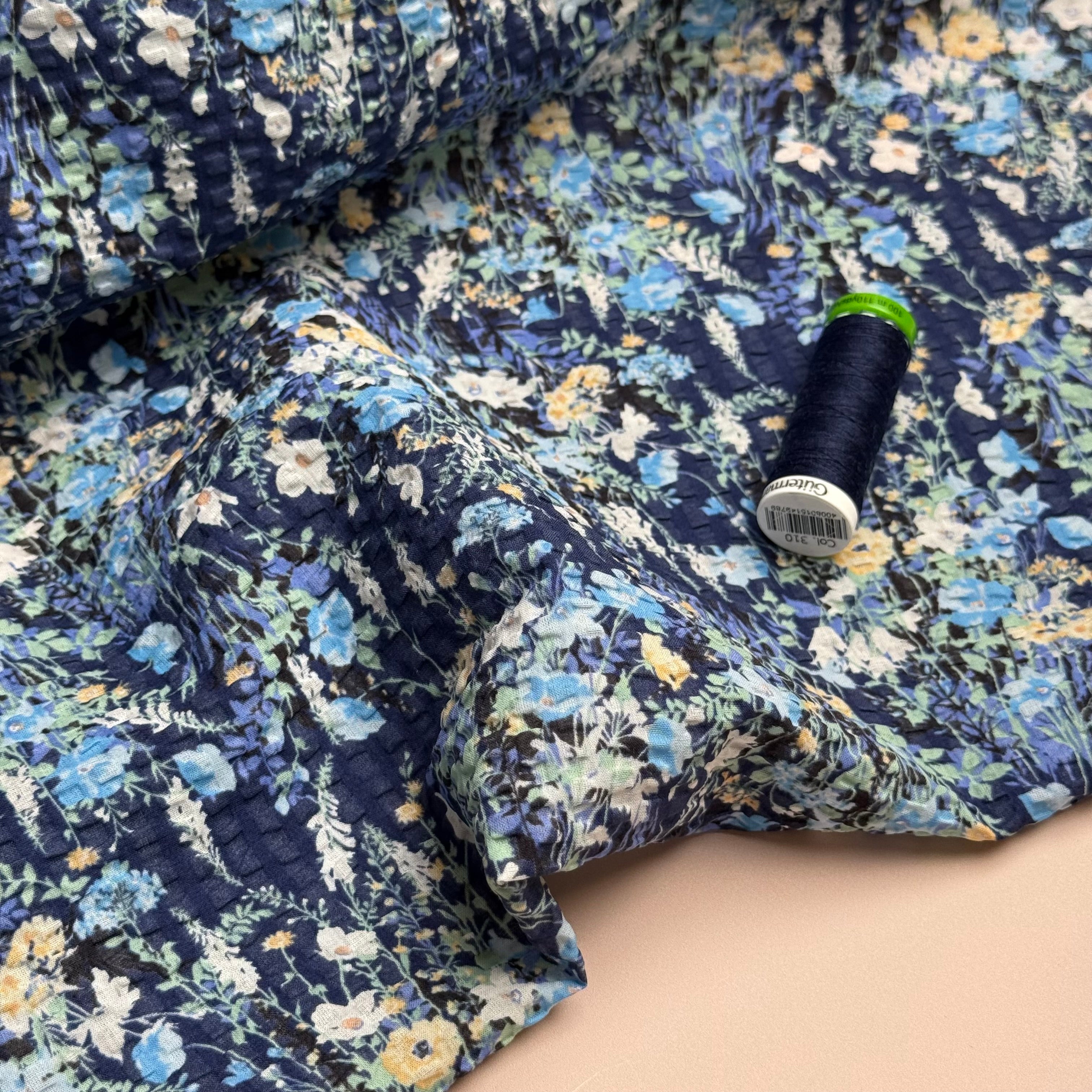 Kokka - Dainty Floral in Navy Japanese Cotton Seersucker