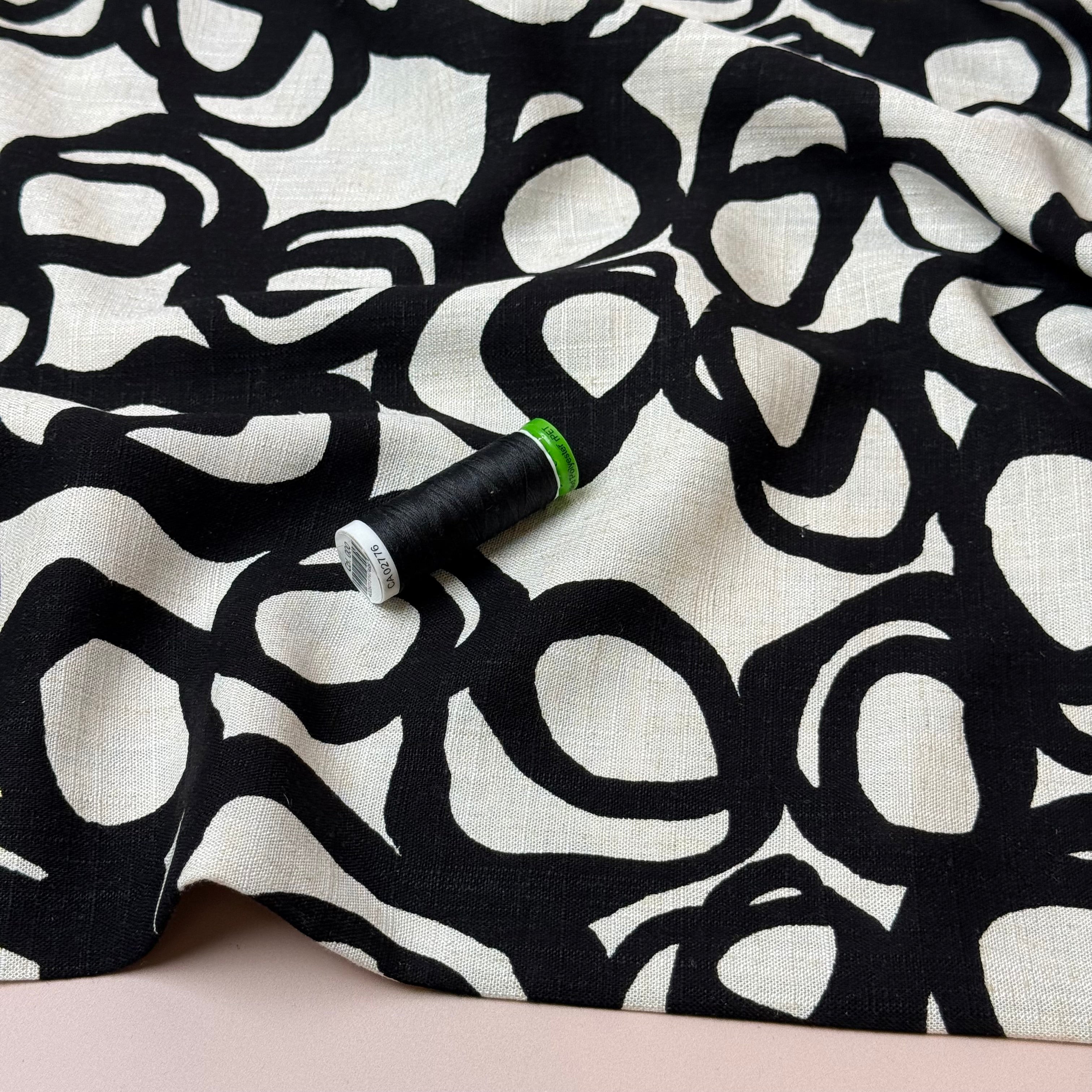 Swirls Black on Neutral Viscose Linen Fabric