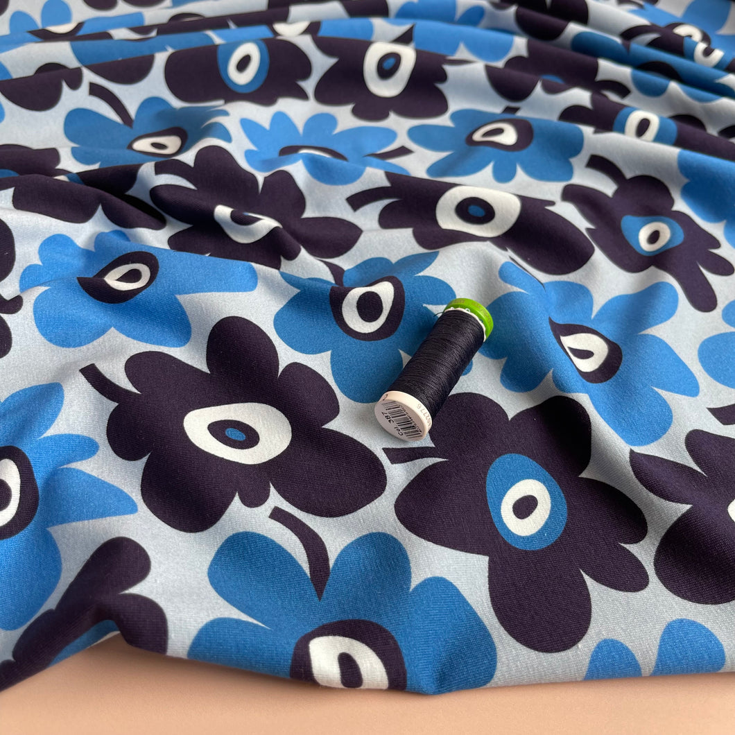 REMNANT 0.5 Metre - Danish Design - Graphic Flowers Blue Cotton Jersey Fabric