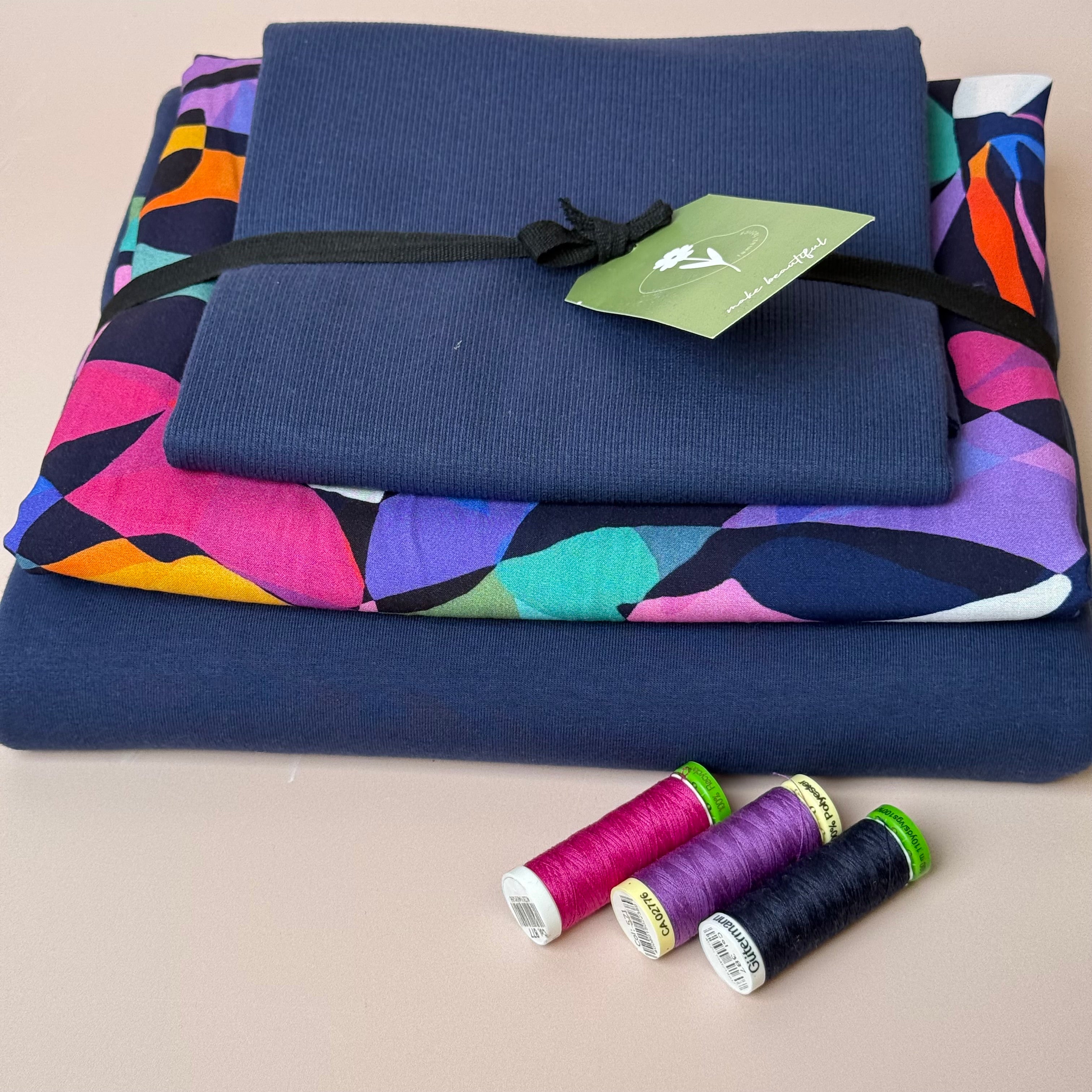 Make an Outfit Colour Bundle - Rainbow Leaves Viscose & Cotton French Terry with Ribbing