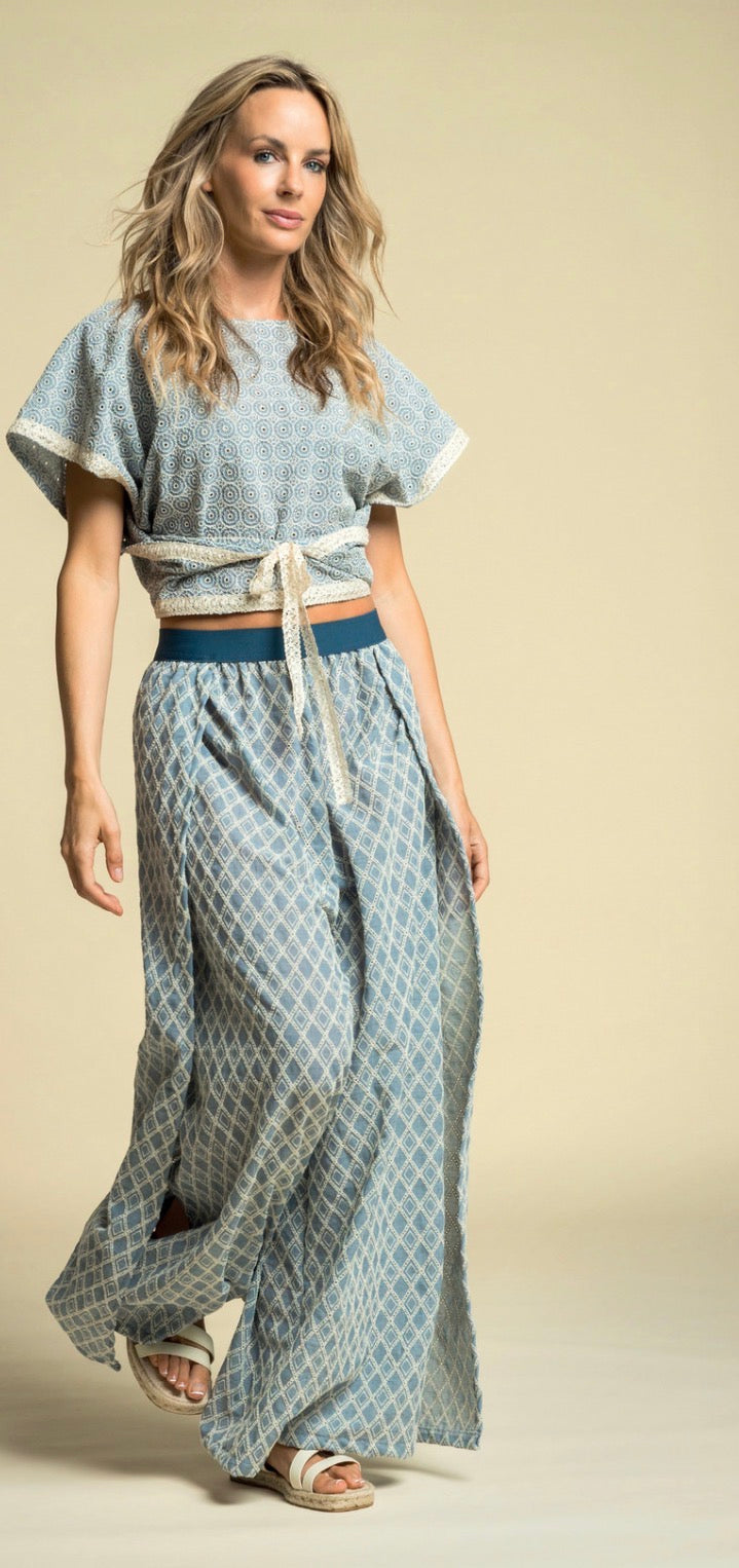 Embroidered Circles on Blue Eyelet Cotton Fabric