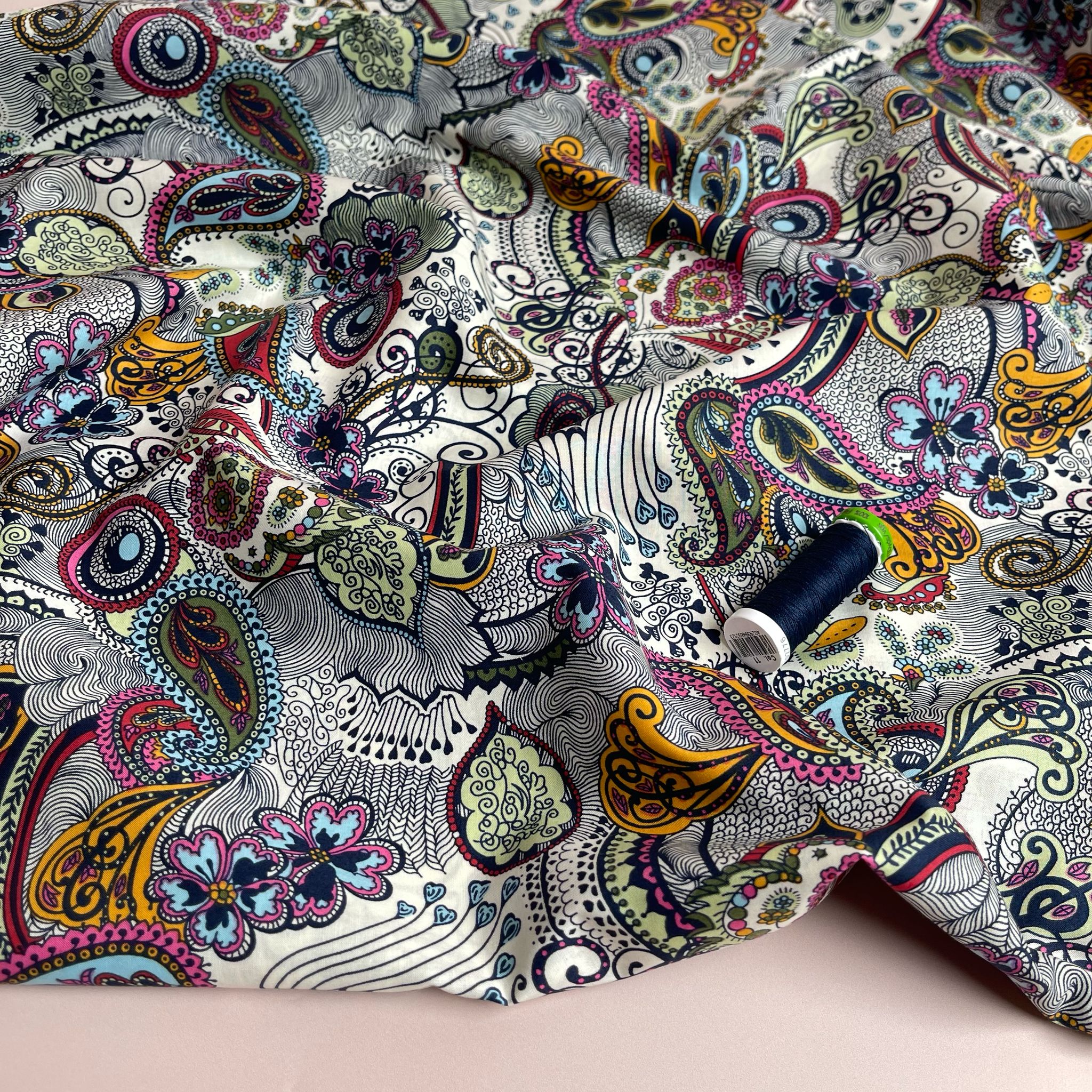 Summer Paisley on White Cotton Lawn Fabric