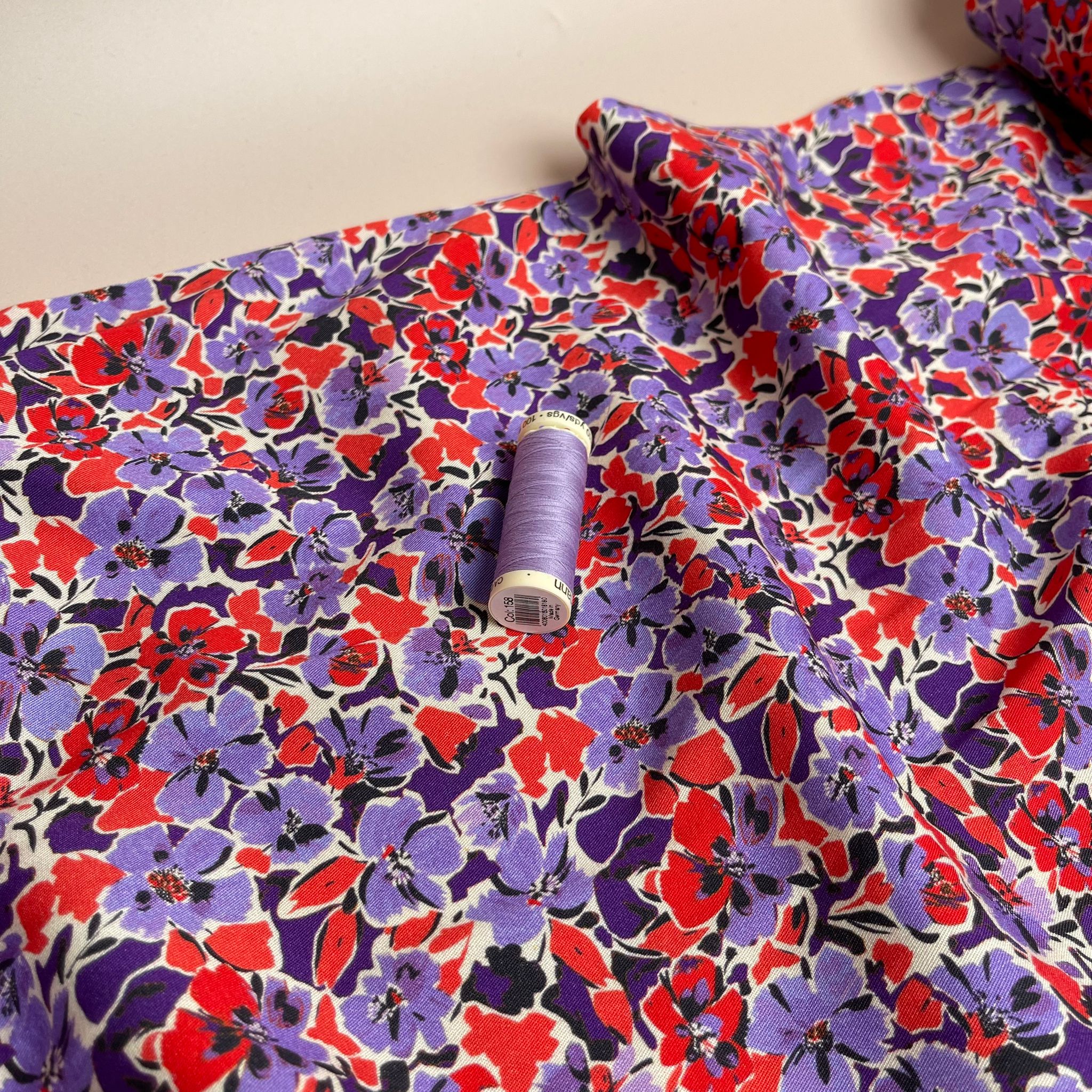 Rosella Primrose in Purple and Red Viscose Twill with Stretch