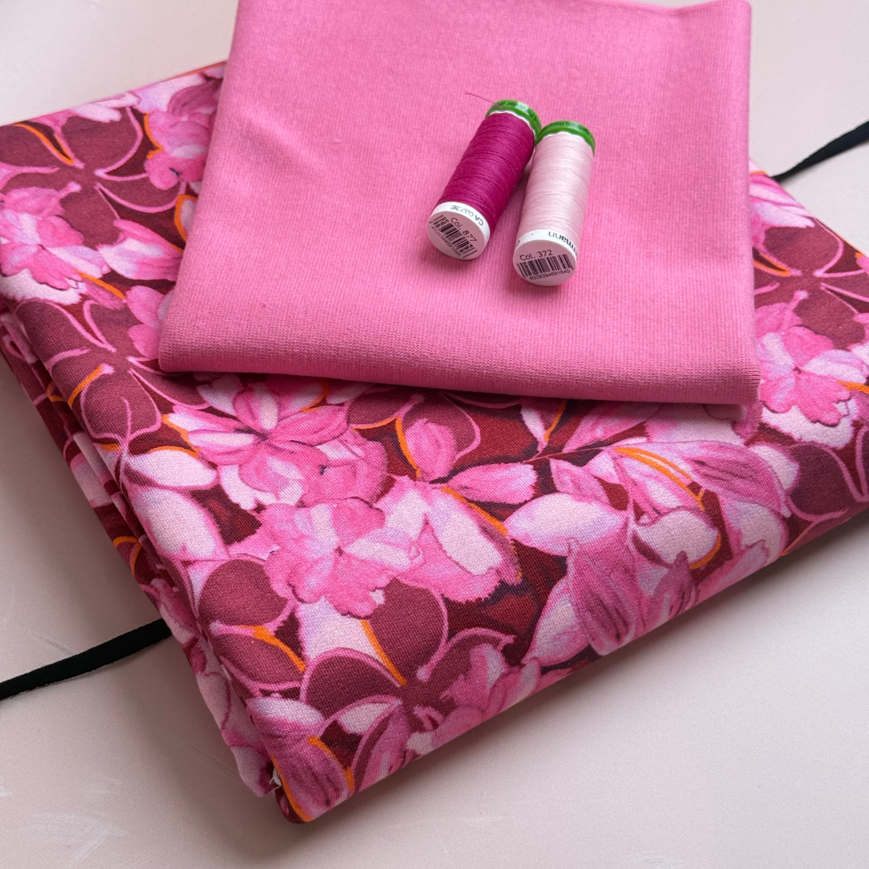 Colour Bundles - Painted Petals Red Cotton French Terry & Matching Ribbing