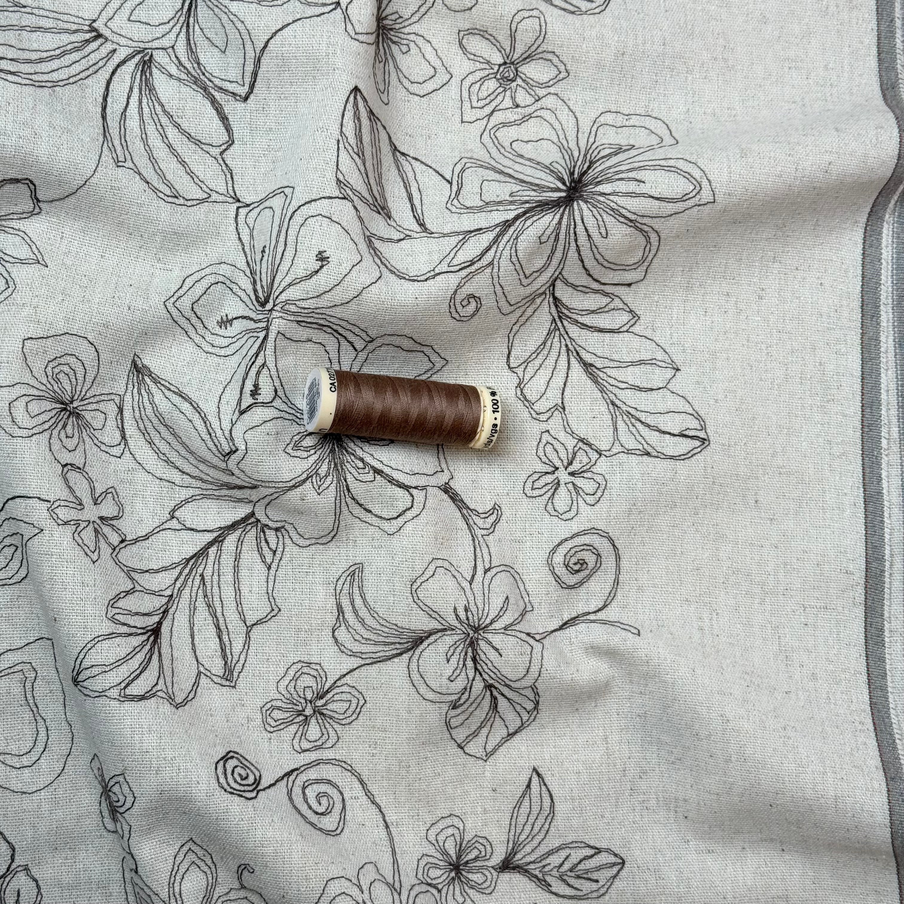Embroidered Brown Flowers on Natural Viscose Linen Blend Fabric