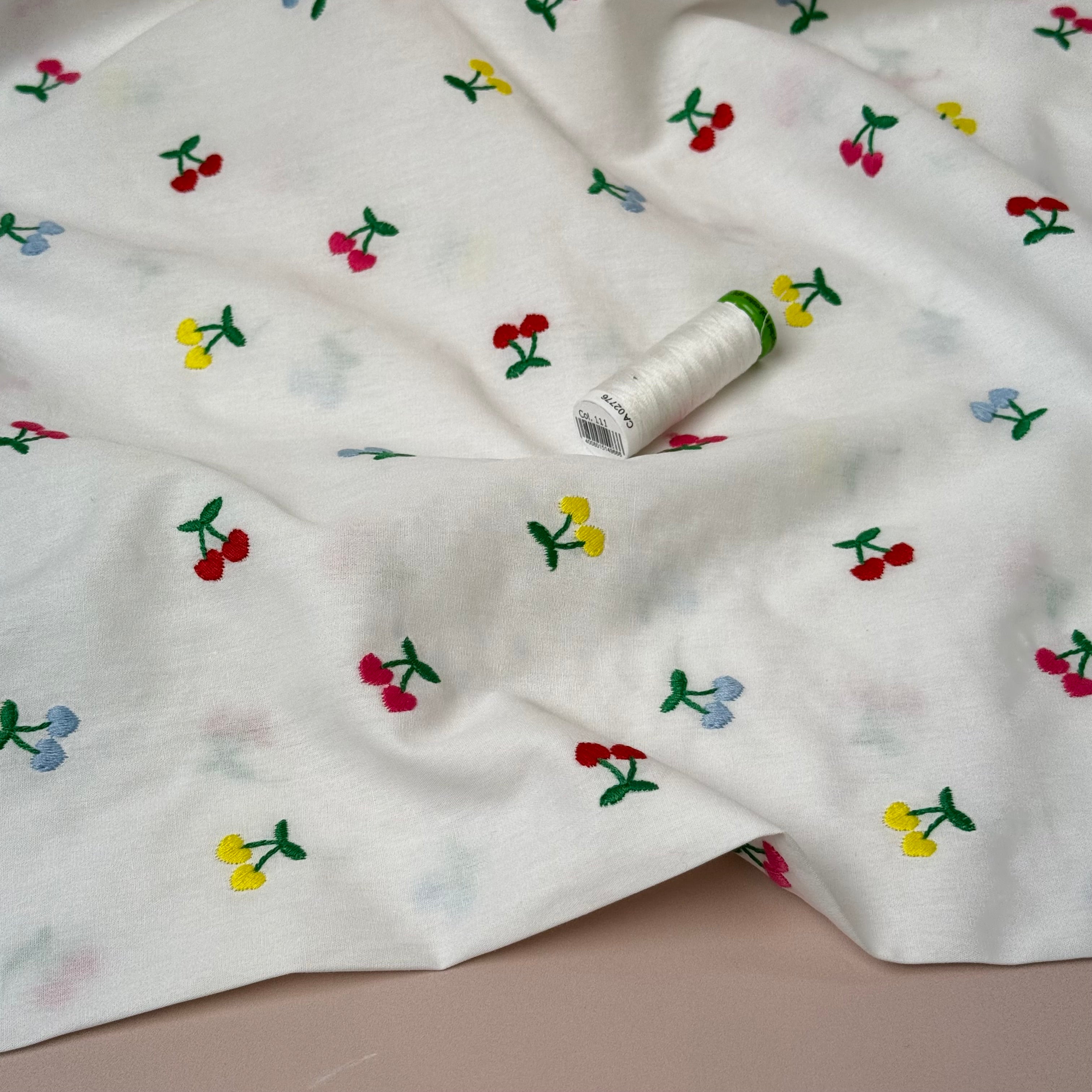 Embroidered Cherry Hearts on White Cotton Poplin