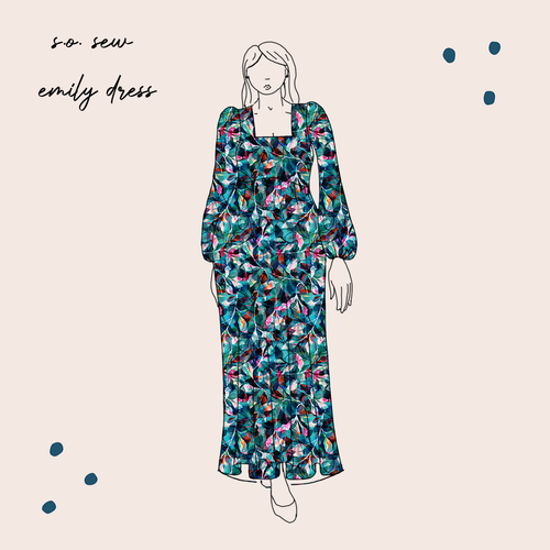Sewing Kit - Emily Dress and Top in Teal Painted Foliage Viscose