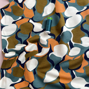 Abstract Shapes in Green Peach Soft Cotton Sweat-shirting Fabric