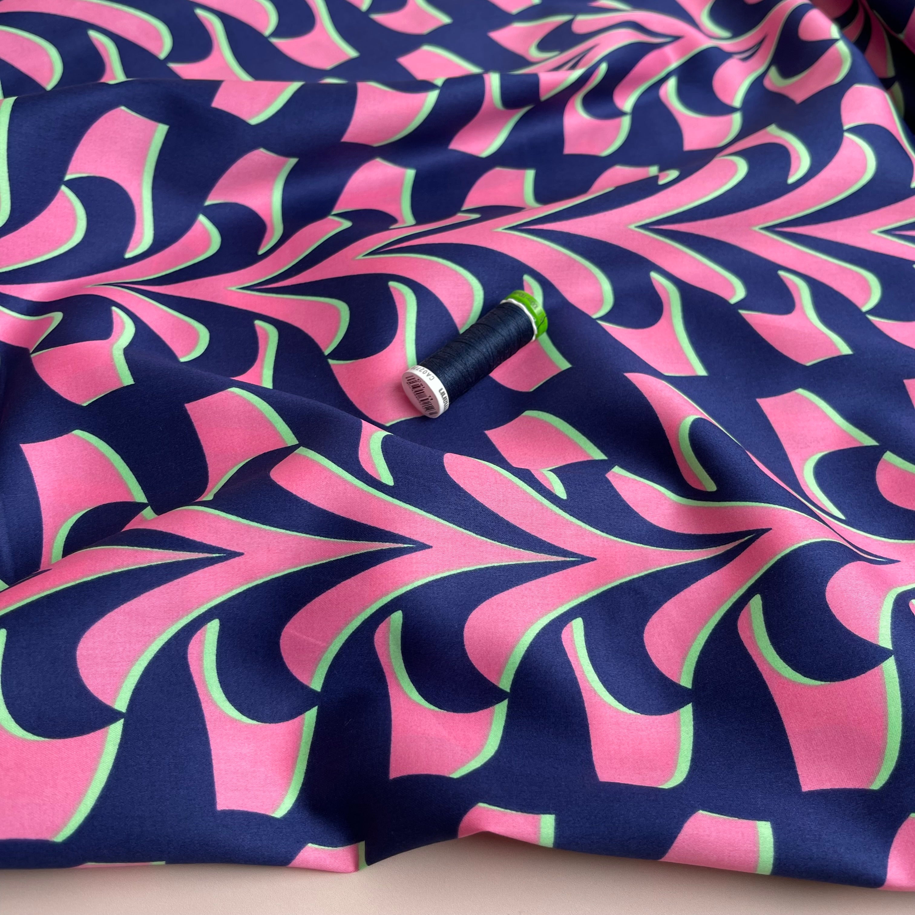 Abstract Navy and Pink Cotton Sateen Fabric