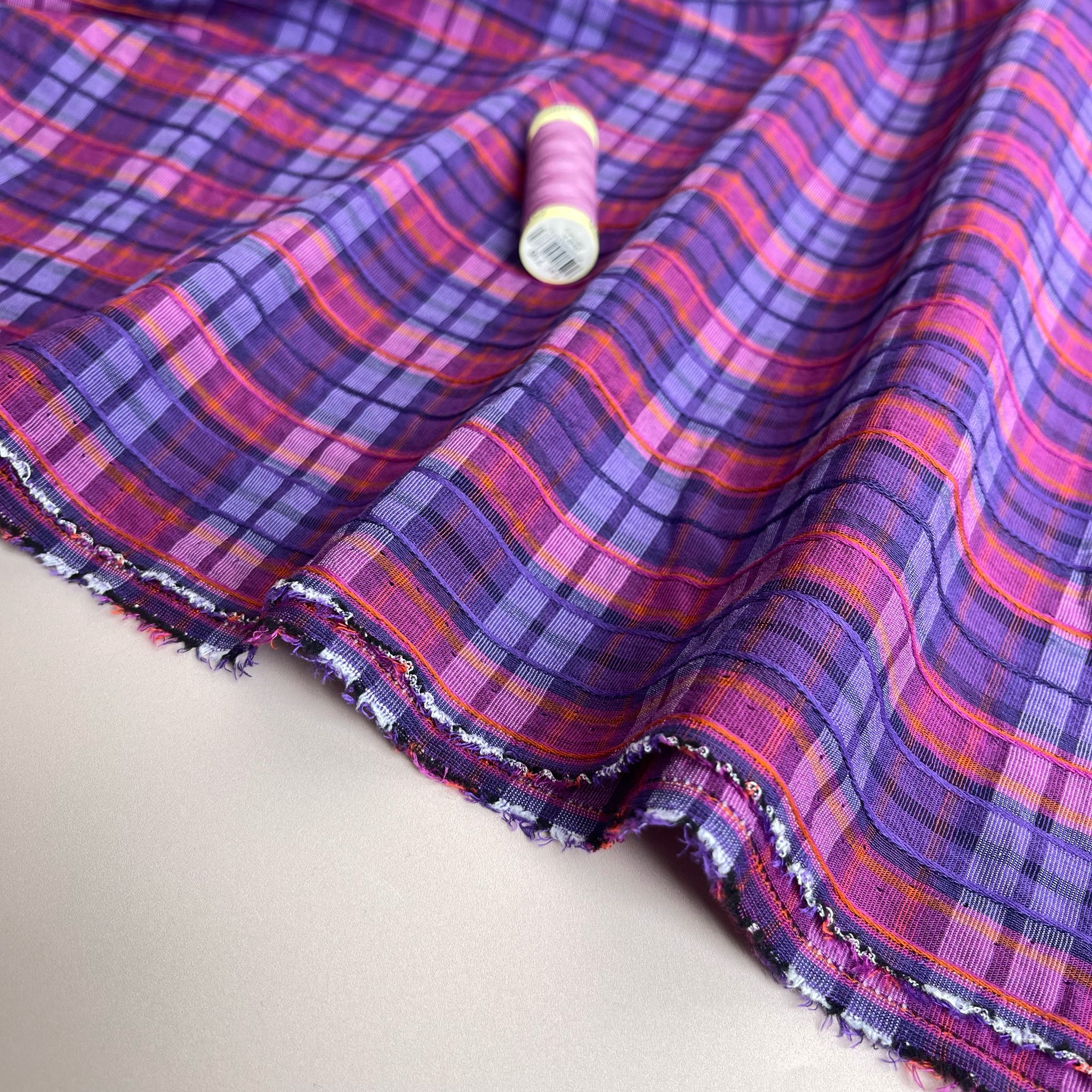 Ex-Designer Deadstock Purple Embroidered Check Cotton Blend Seersucker Fabric