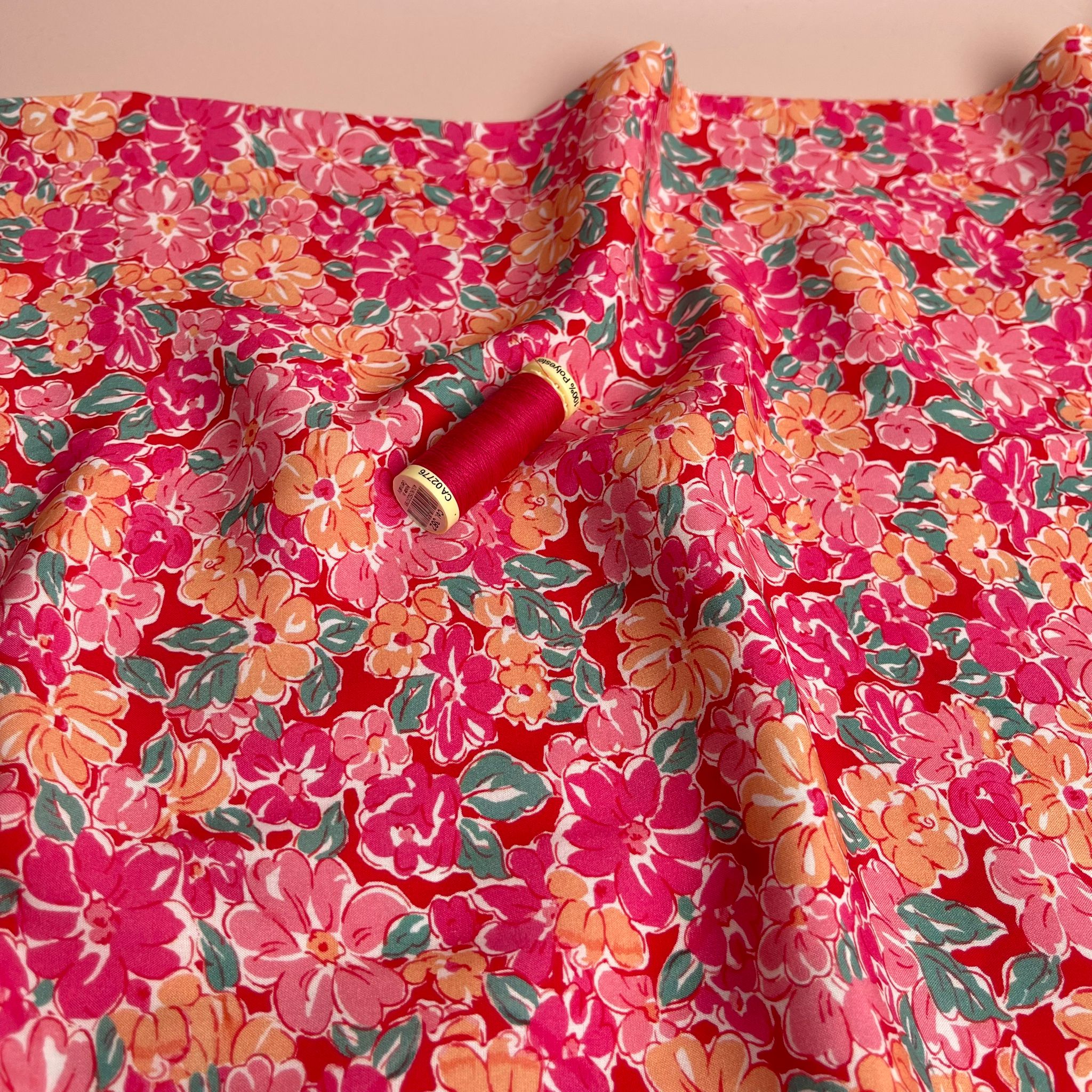 REMNANT 0.6 Metre - Meadow Flowers in Pink and Peach Viscose Fabric