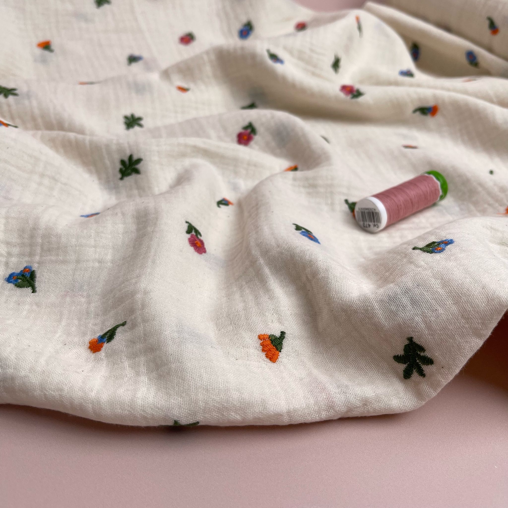 Embroidered Ditsy Florals on Off-White Cotton Double Gauze