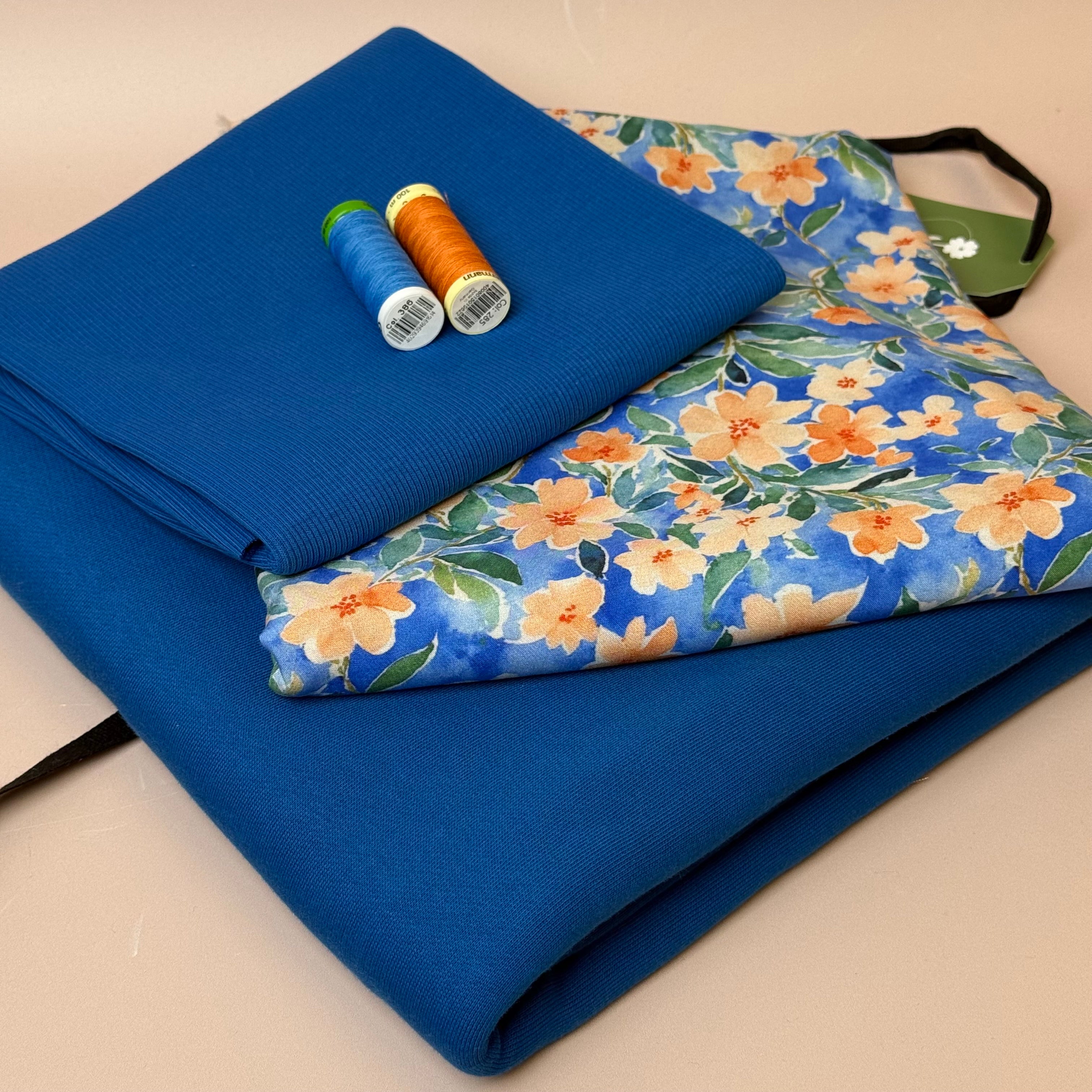Make an Outfit Colour Bundle - Peach Flowers Viscose & Brushed Sweatshirt in Intense Blue with Ribbing