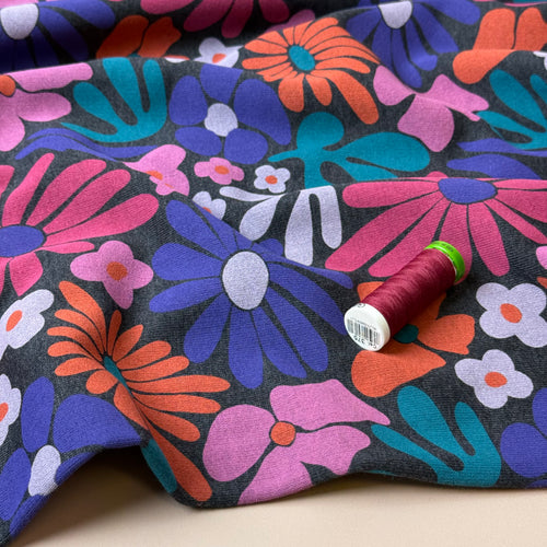 Flowers on Melange Grey Cotton Sweat-shirting Fabric