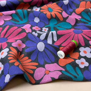 Flowers on Melange Grey Cotton Sweat-shirting Fabric
