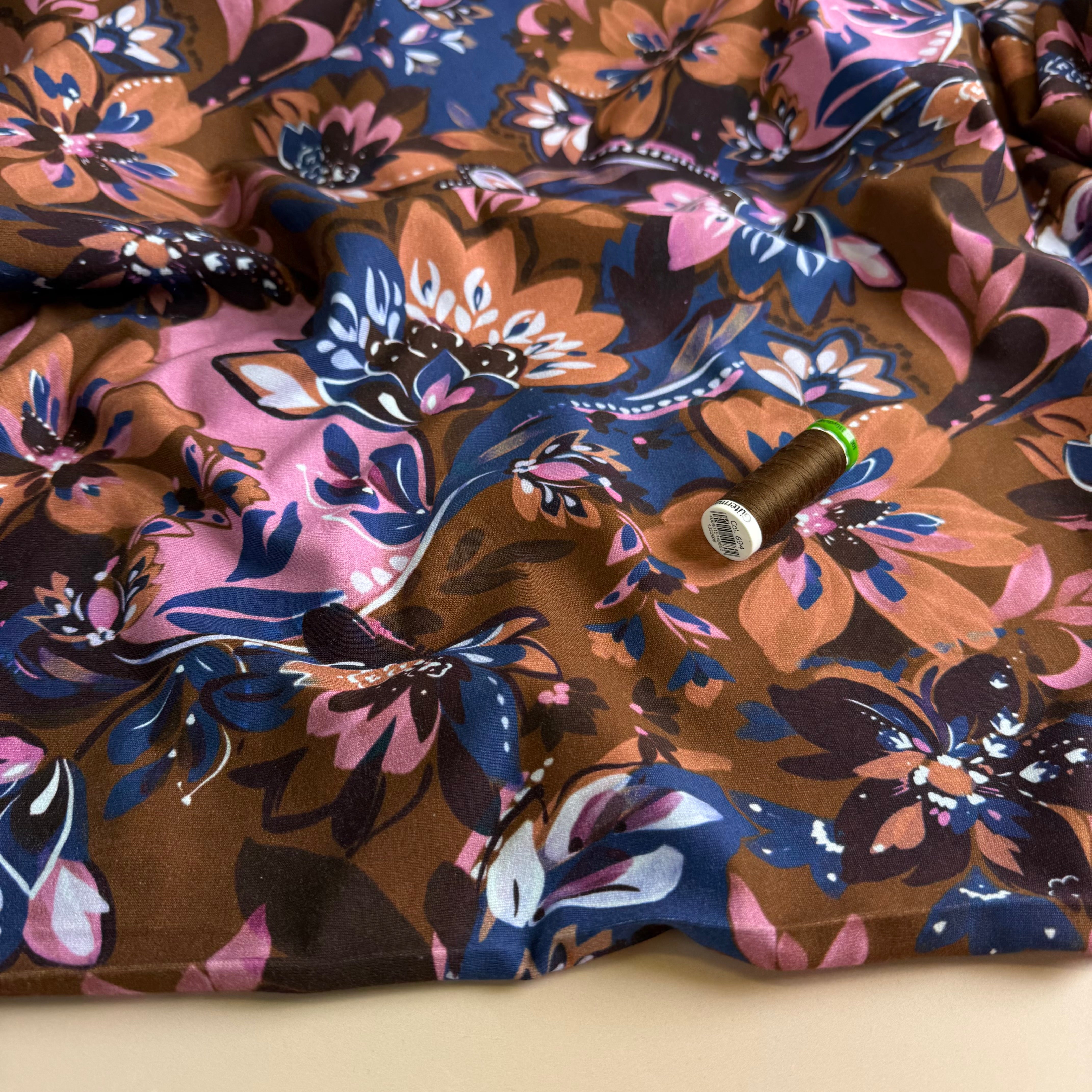 Painted Neutral Flowers on Brown Cotton French Terry