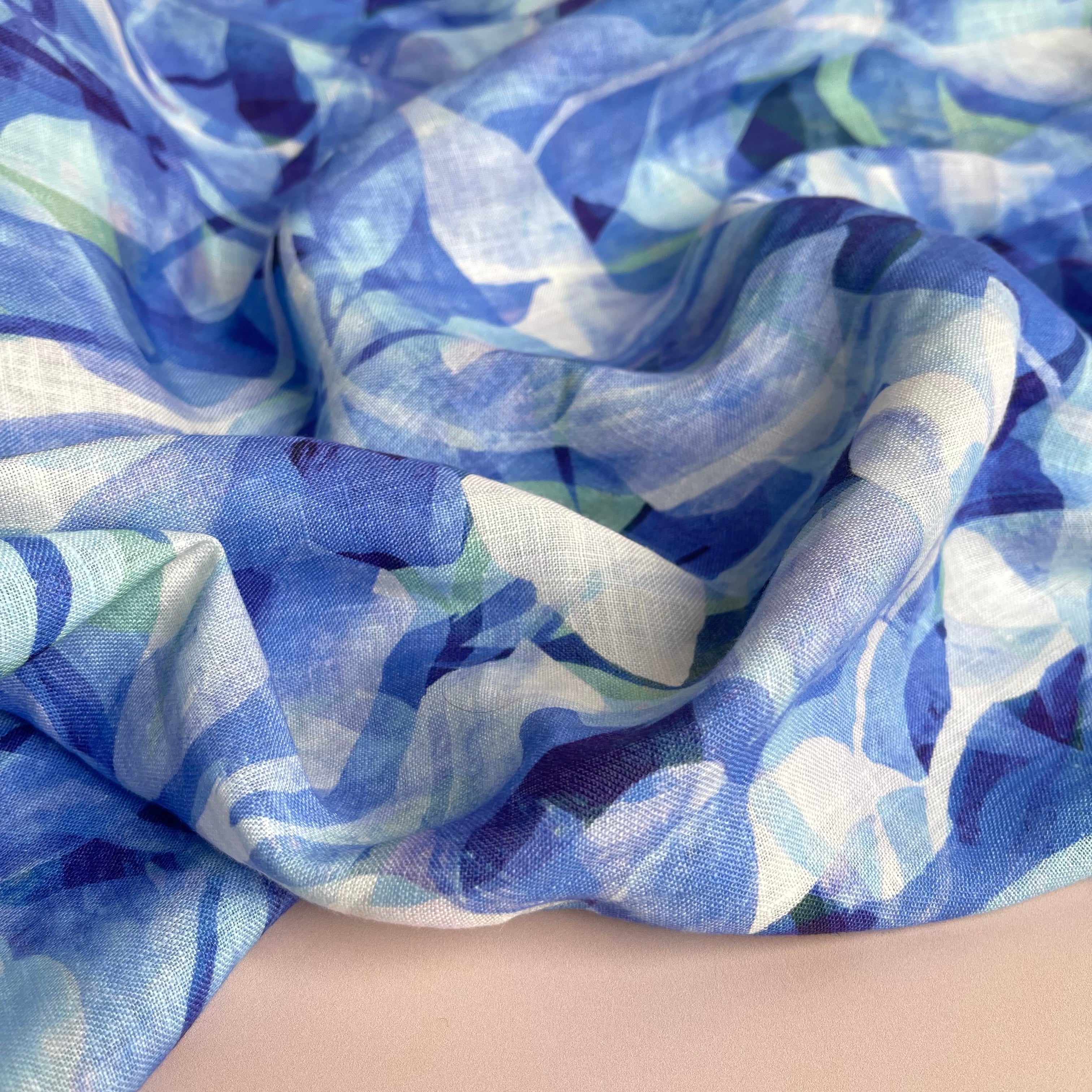 REMNANT 0.69 Metre - Summer Party - Painted Foliage Ocean Pure Linen