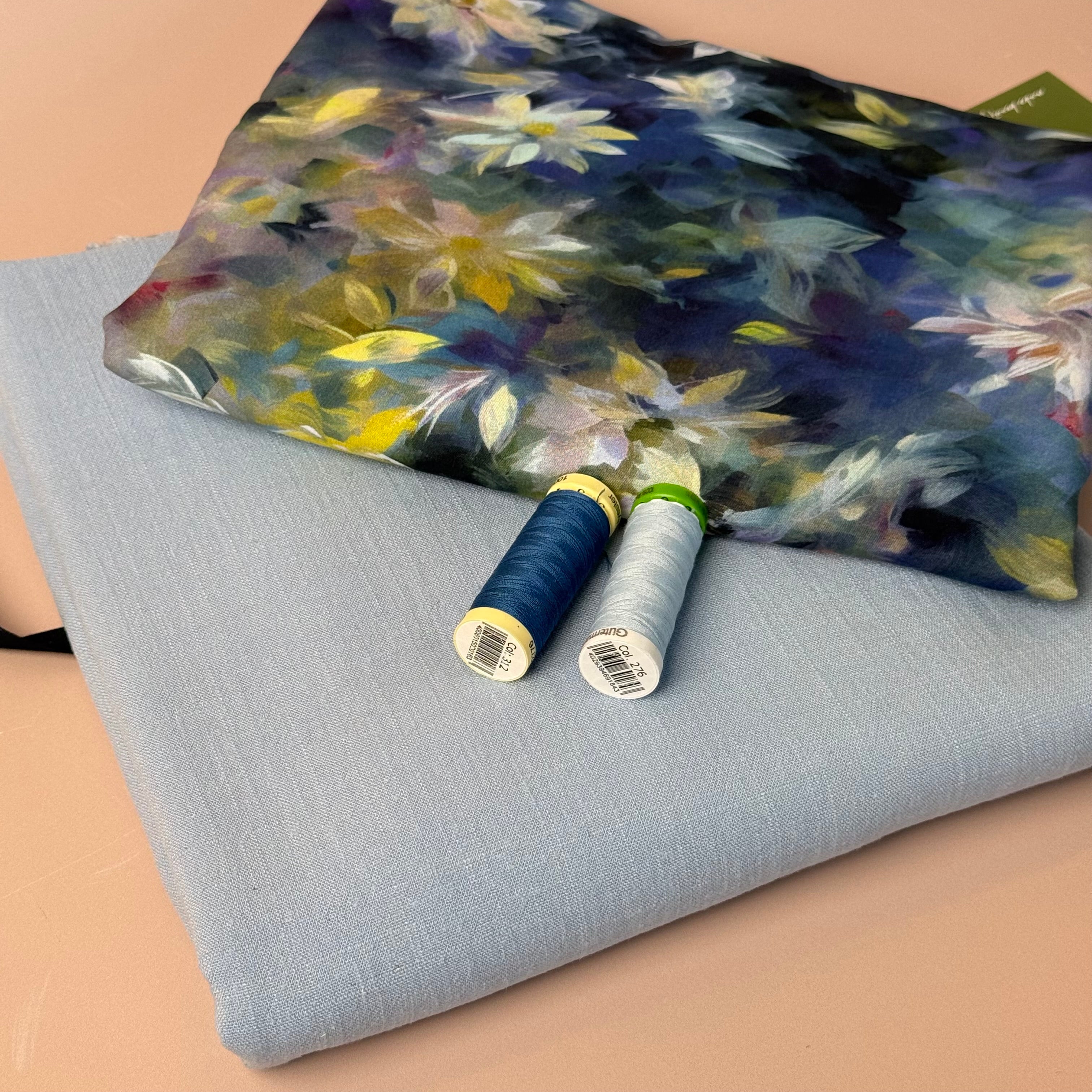 Make an Outfit Colour Bundle - Watercolour Flowers Viscose with Blue Flow Linen Blend