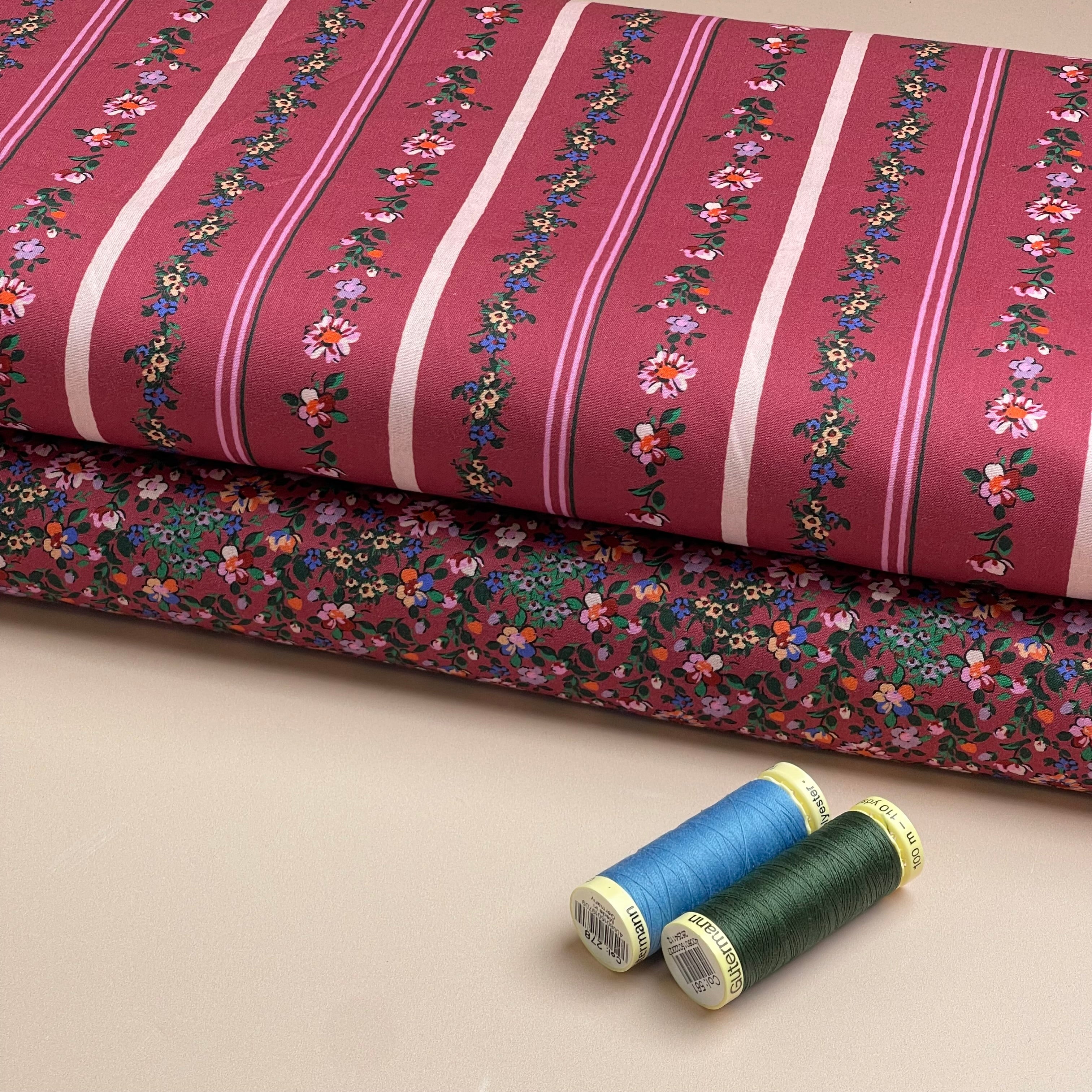 Floral Stripes on Burgundy Fine Cotton Poplin Fabric