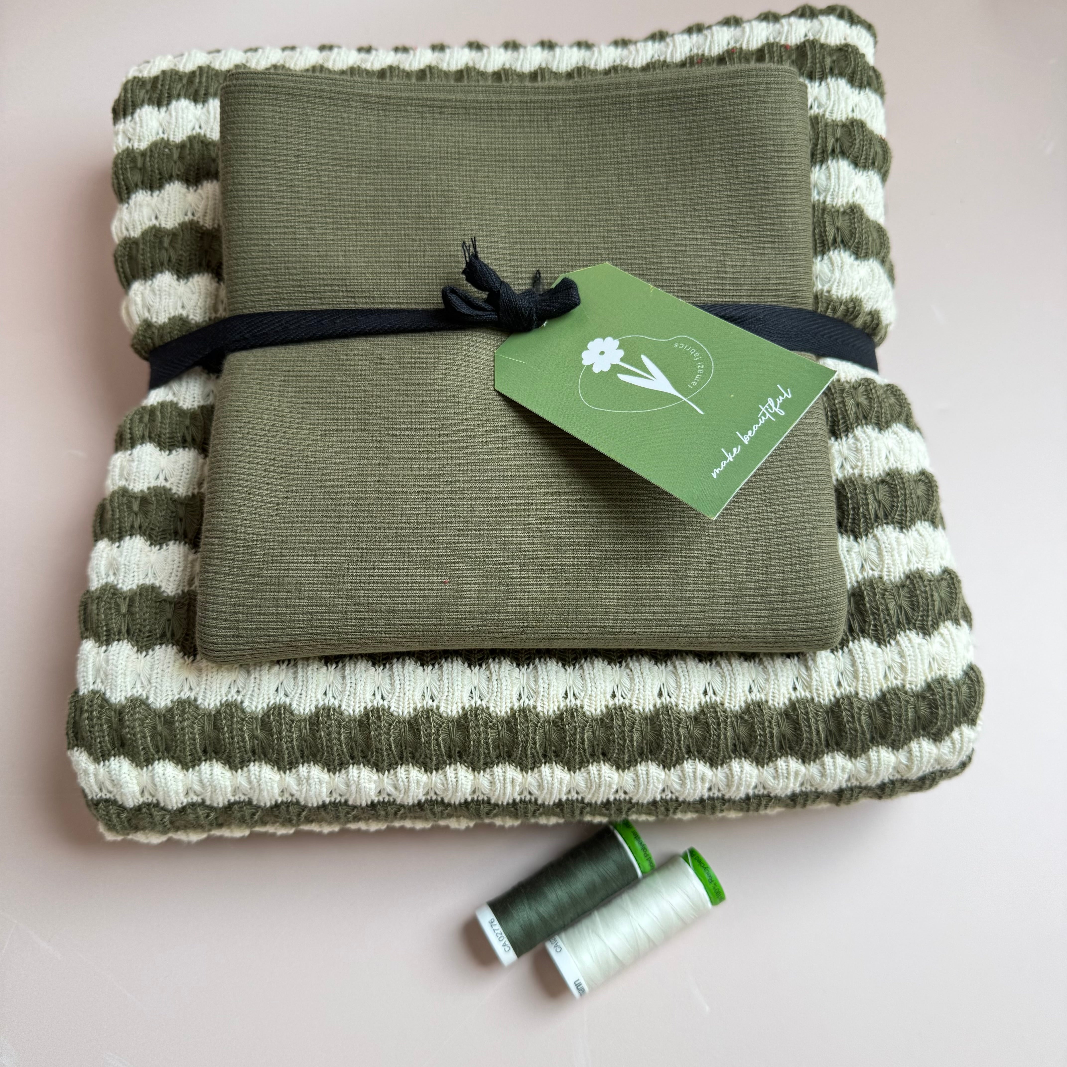 Make an Outfit Colour Bundles & Sewing Kit- Arielle Top in Summer Knitted Jacquard Olive & Matching Ribbing
