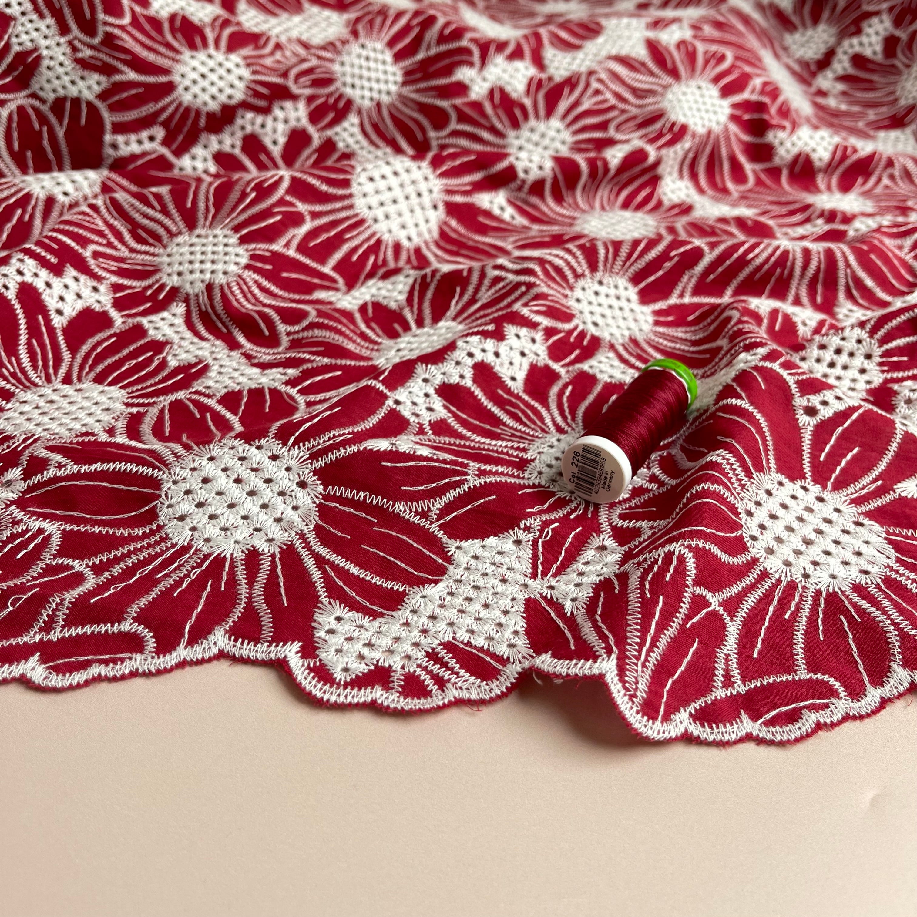 Scalloped Flowers Embroidered Cotton Fabric in Red