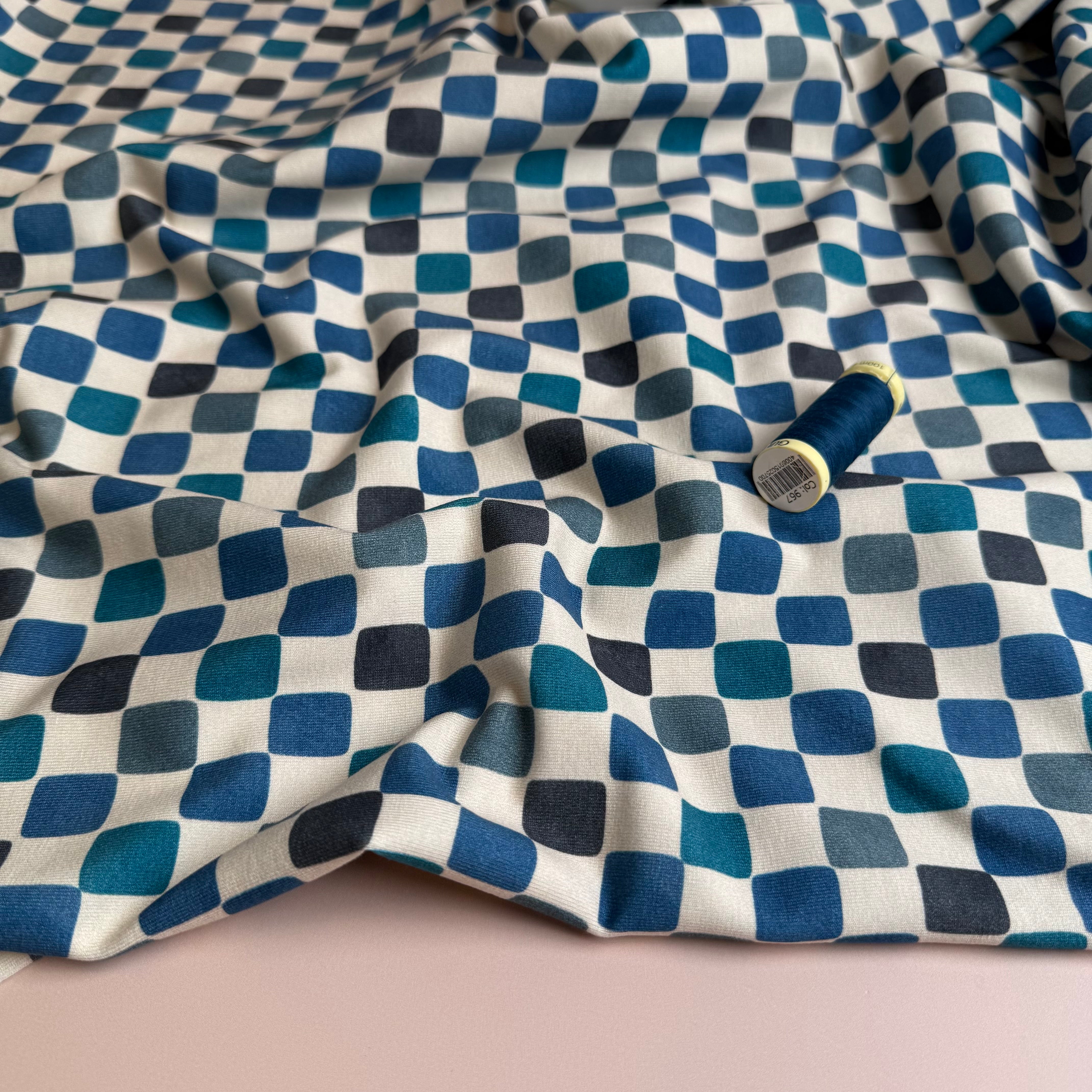 Checkers Blue Cotton Jersey Fabric